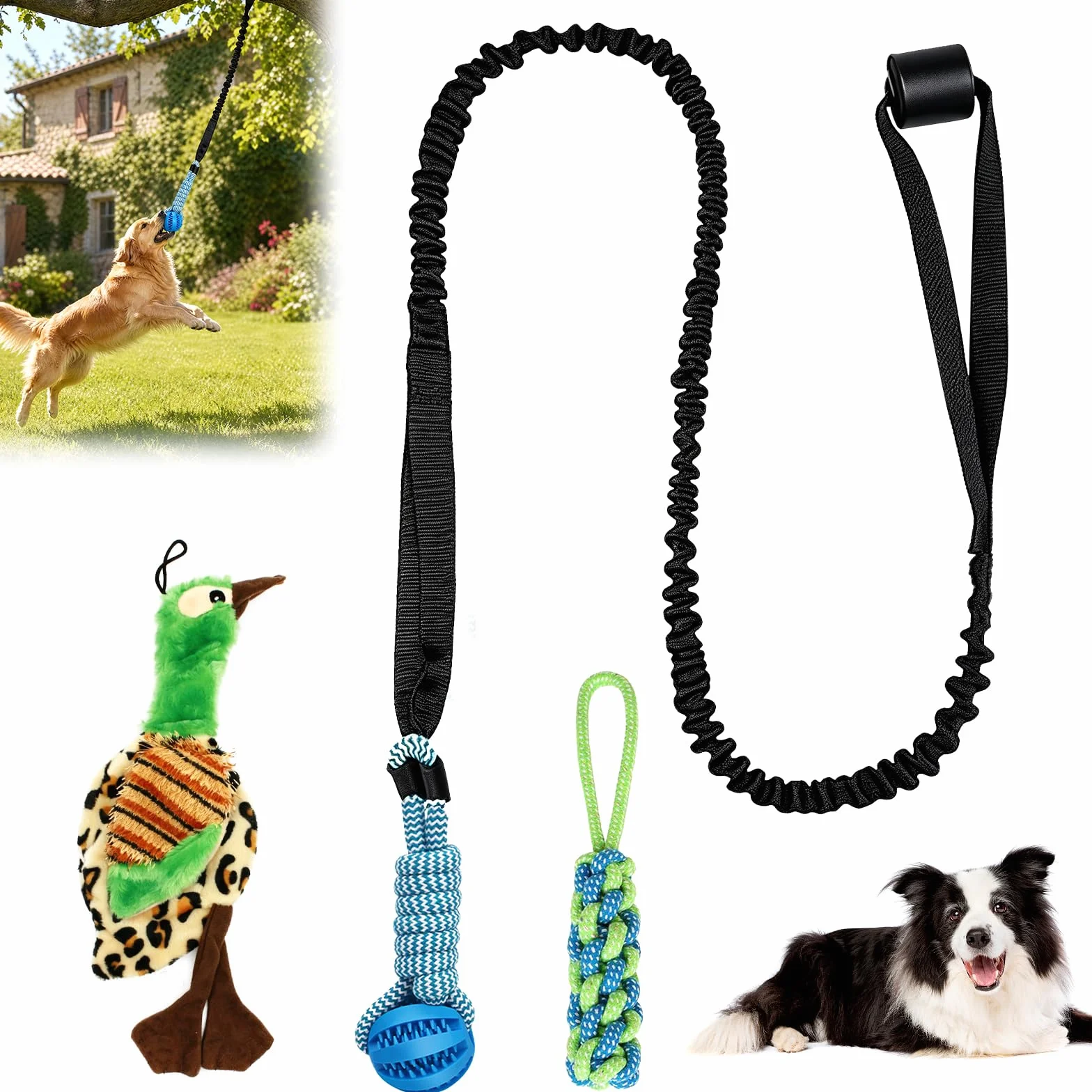 Bungee - Giocattolo da traino per cani, 4 pezzi, interattivo, con corda di ricambio, anti-stress, anatra cigolante, professionale, per cani di grossa taglia, versatile per allenamento e attività