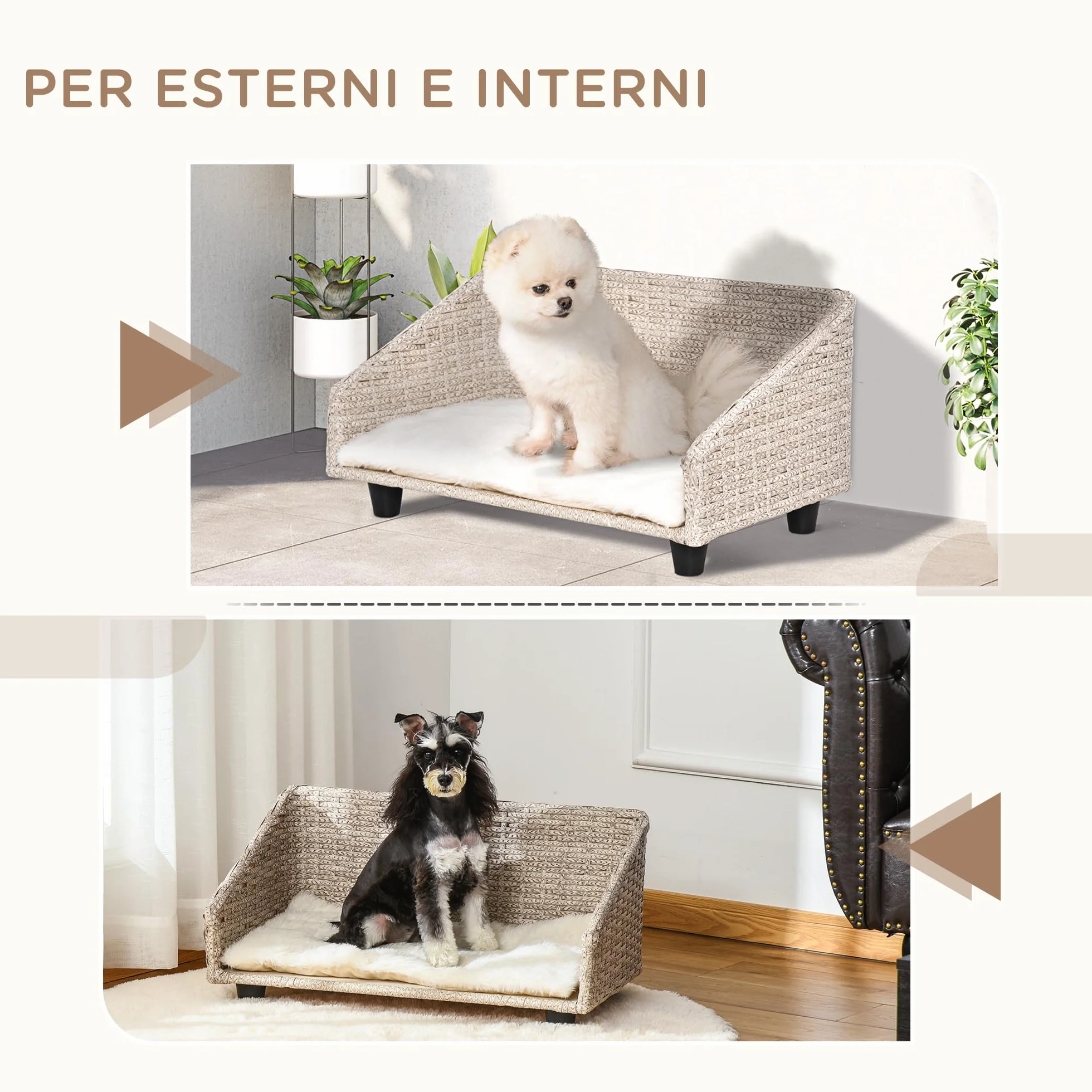 PawHut Cuccia per Cani e Gatti Rialzata in Rattan con Cuscino Lavabile Bianco, Lettino per Animali da Interno, 70.5x40x37.5cm, Beige