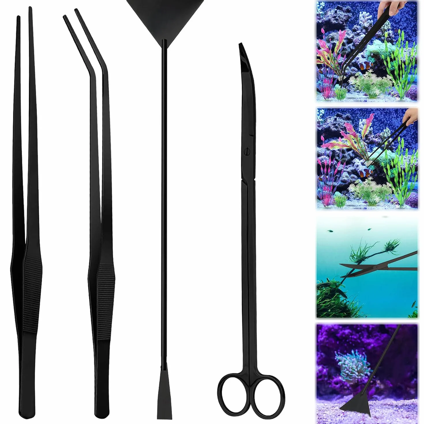 4PCS Accessori Acquario,Forbici Acquario Pinzette,Pinza Aquascaping Kit,Acquatica Strumenti Set,Acciaio Inox Pinzette Forbici e Spatola per Landscaping e Piante Acquatiche