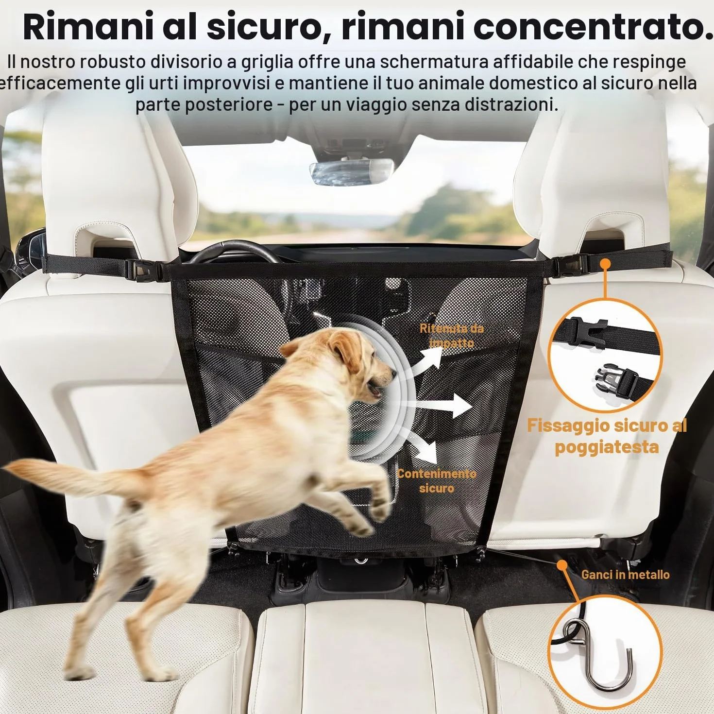 GGW Griglia per Cani per Auto con Tasche portaoggetti per Cani – Rete di separazione per Sedile Anteriore, barriera di Sicurezza Contro Il Cane dal Sedile Posteriore, Universale