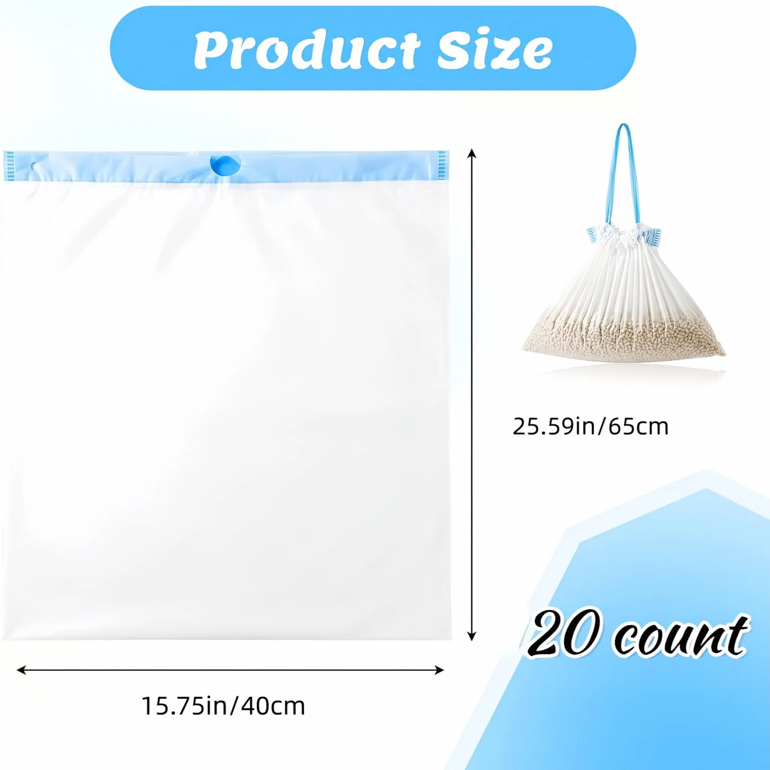 Sacchetti per lettiera per gatti, misura L, 20 pezzi, 65 x 40 cm, sacchetti per lettiera per gatti, extra forti con laccetti, per lettiera per gatti, inserti igienici per lettiera