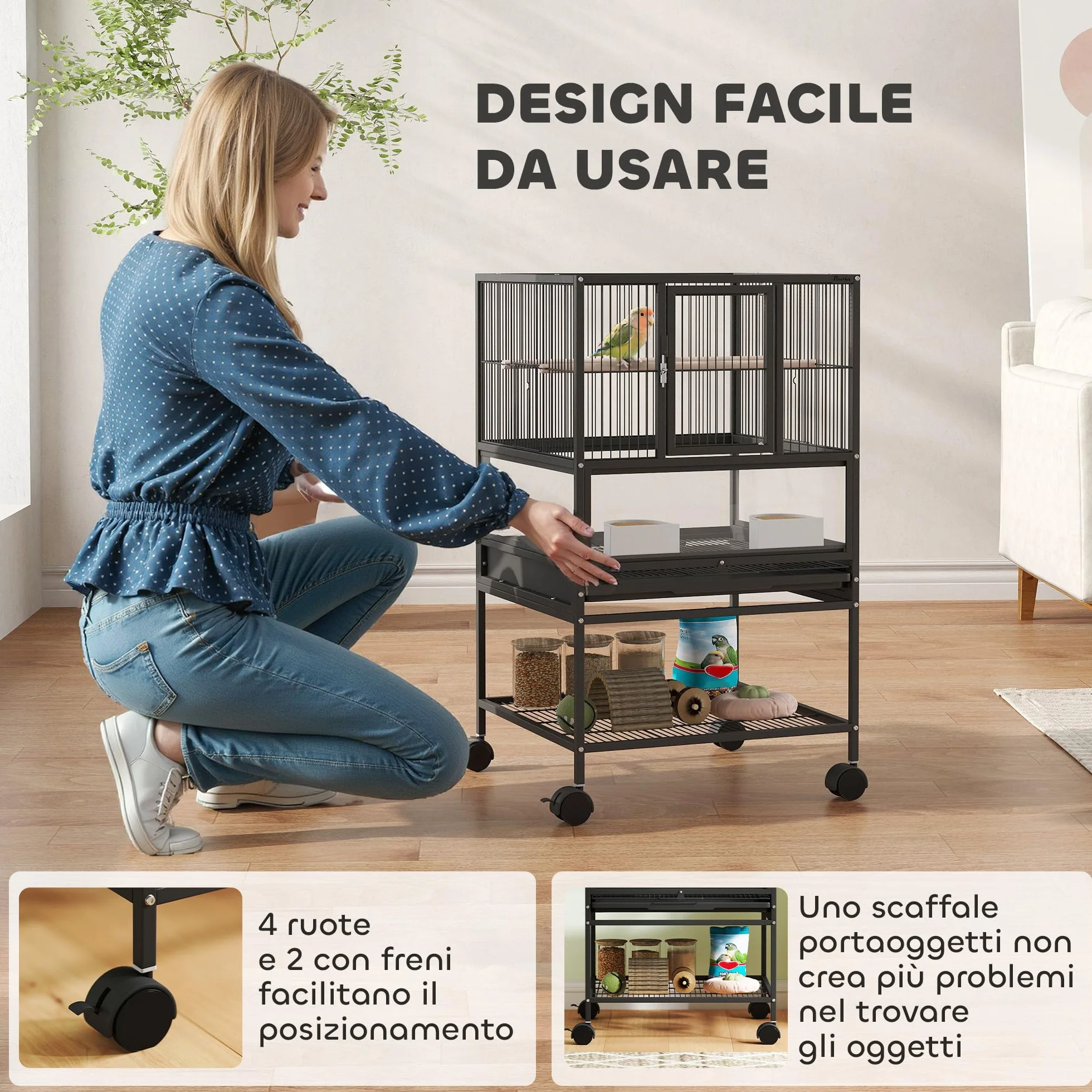PawHut Gabbia per Uccelli a Rotelle con Ripiano Inferiore, Vassoio e Griglia Rimovibili, Gabbietta per Uccelli in Acciaio e PP, 48x46x83 cm, Nero