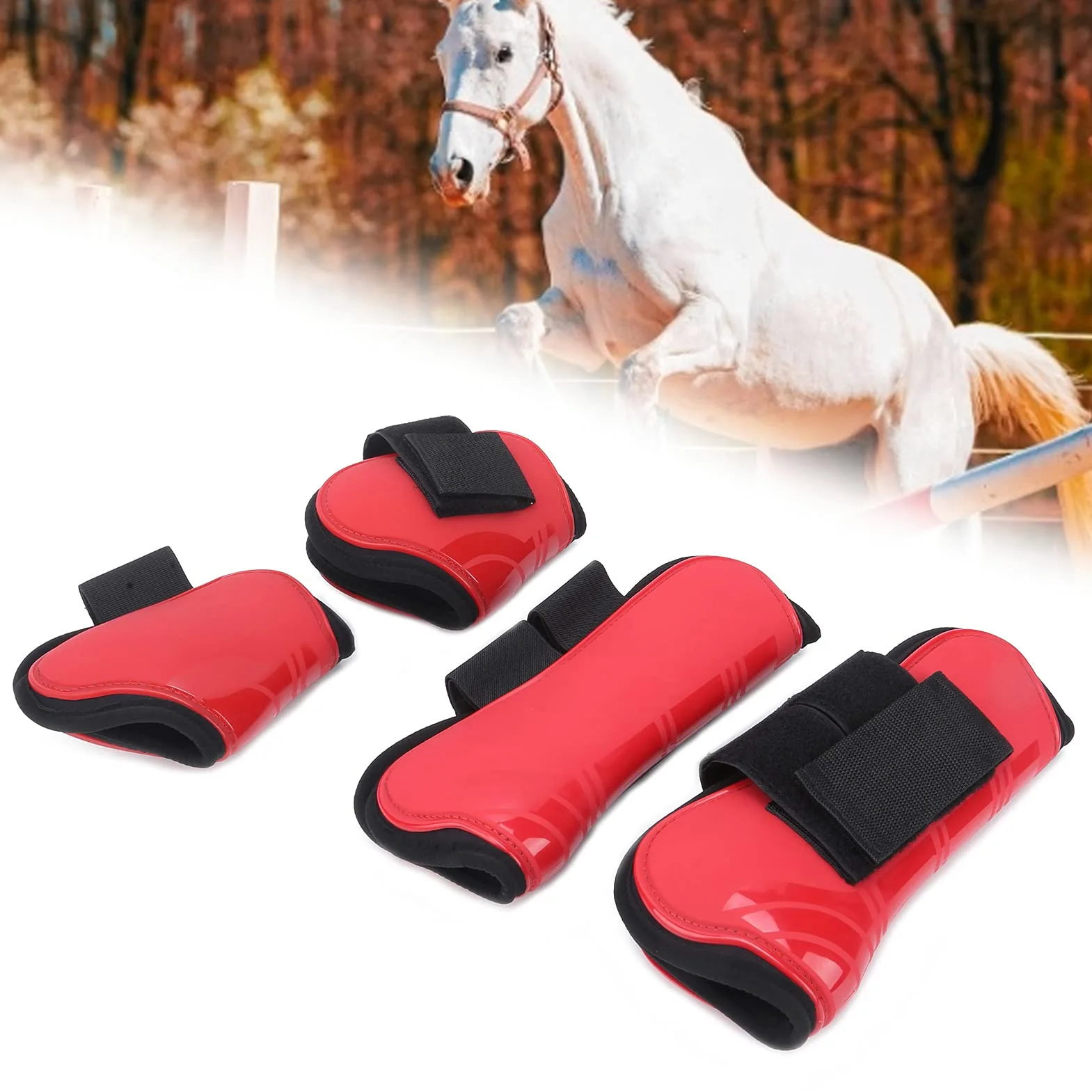 Paratendine per Cavallo Set di 4 Parastinchi per Cavallo con Guscio in PU Leggero, Aperto, Protezione della Gamba Anteriore, Ammortizzante, Regolabile, per Equitazione, Salto, Rosso M