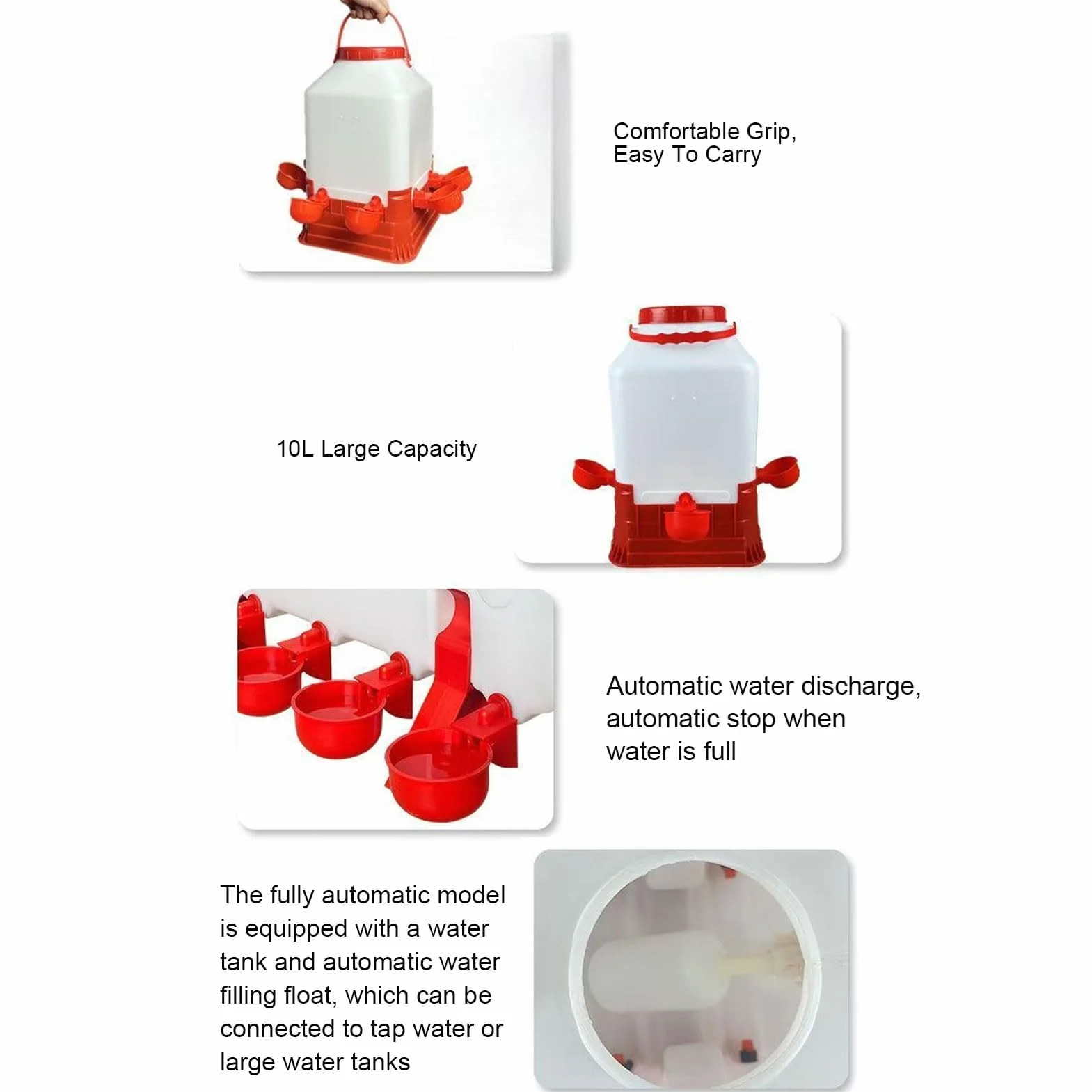 SIXRUN Abbeveratoio Automatico per Pollame, Dispenser Multifunzione D'Acqua per Pollame da 10 Litri a 4 Ciotole con Design a Pulizia Rapida per Uccelli Anatra Pollo da Fattoria