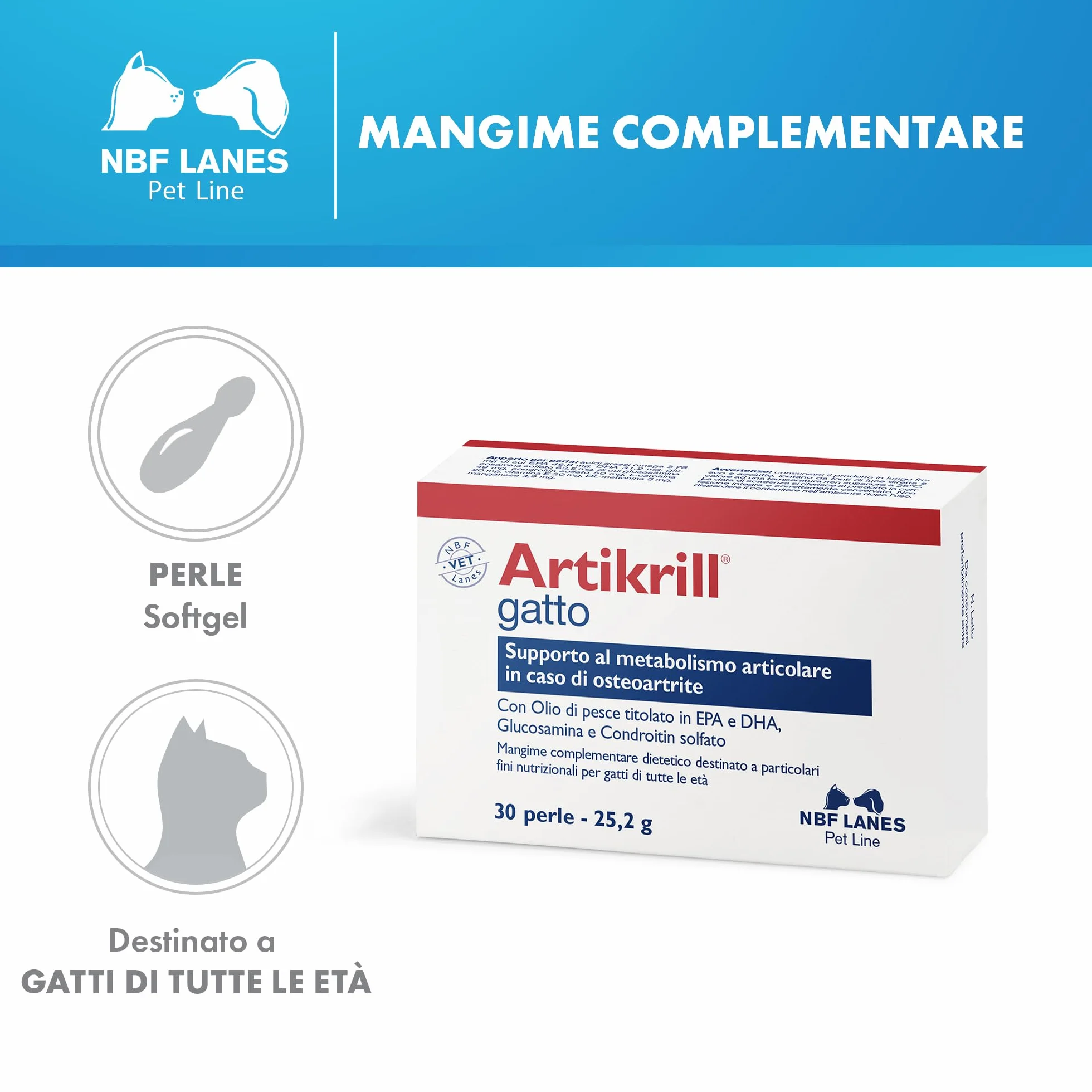 NBF Lanes | Artikrill Gatto, 30 Perle Appetibili, Supporto Metabolismo Articolare in Caso di Osteoartrite in Gatti di Tutte le Età