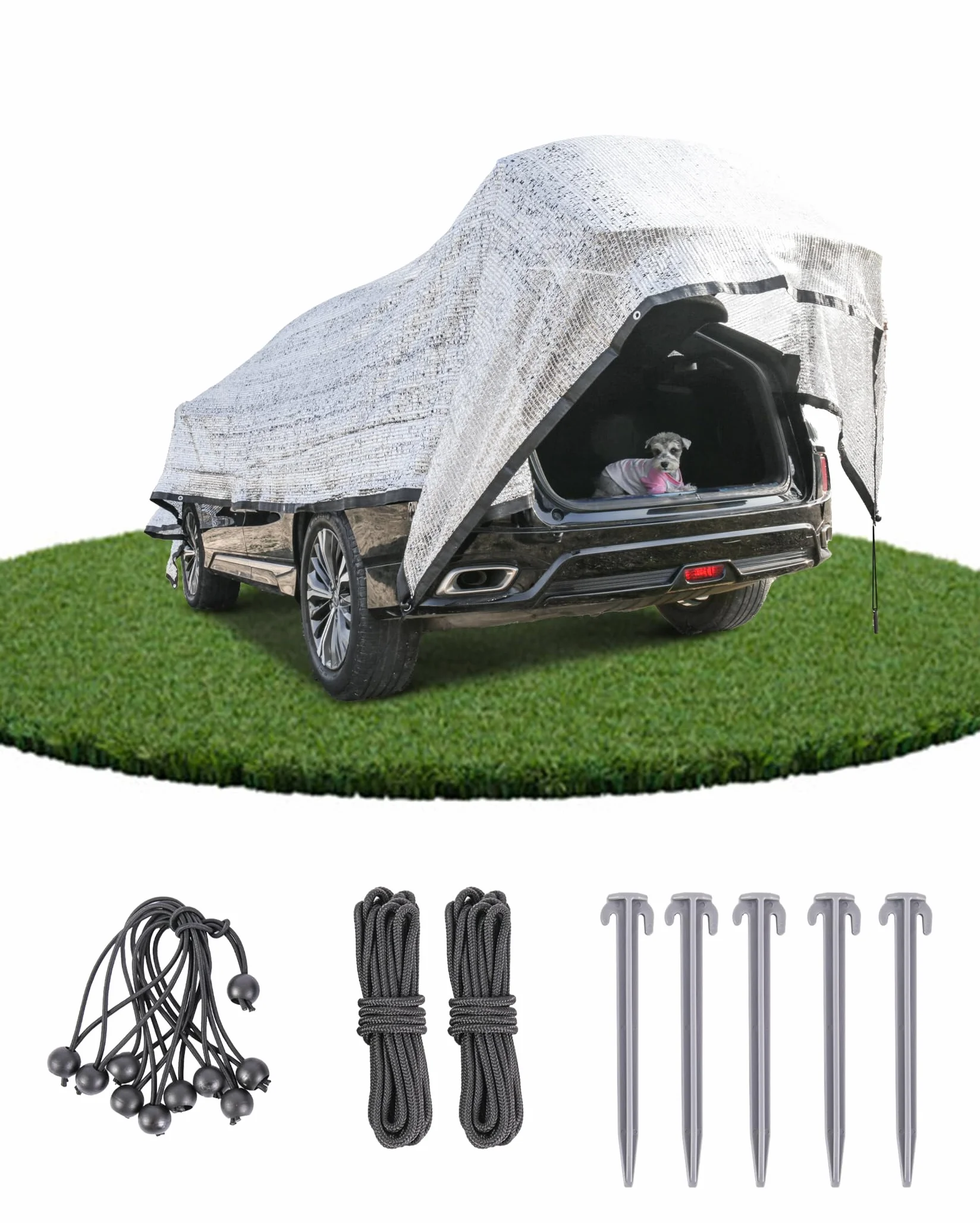 Rete ombreggiante auto per cani, 3 x 4 m, 85% alluminio, protezione solare e UV, adatta per esterni, con cordino elastico, corda di nylon da 5 m, chiodi
