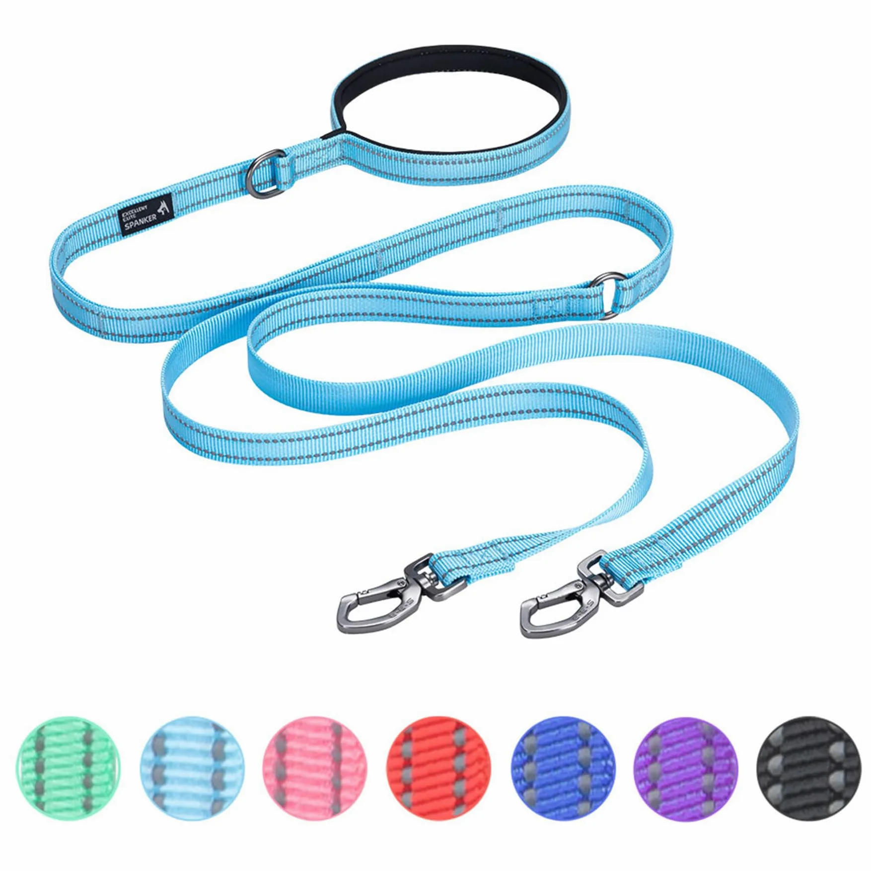 EXCELLENT ELITE SPANKER Guinzaglio doppio riflettente per cani doppio guinzaglio per cani 5 m multiplo con manico imbottito per due cani che camminano addestramento (azzurro)