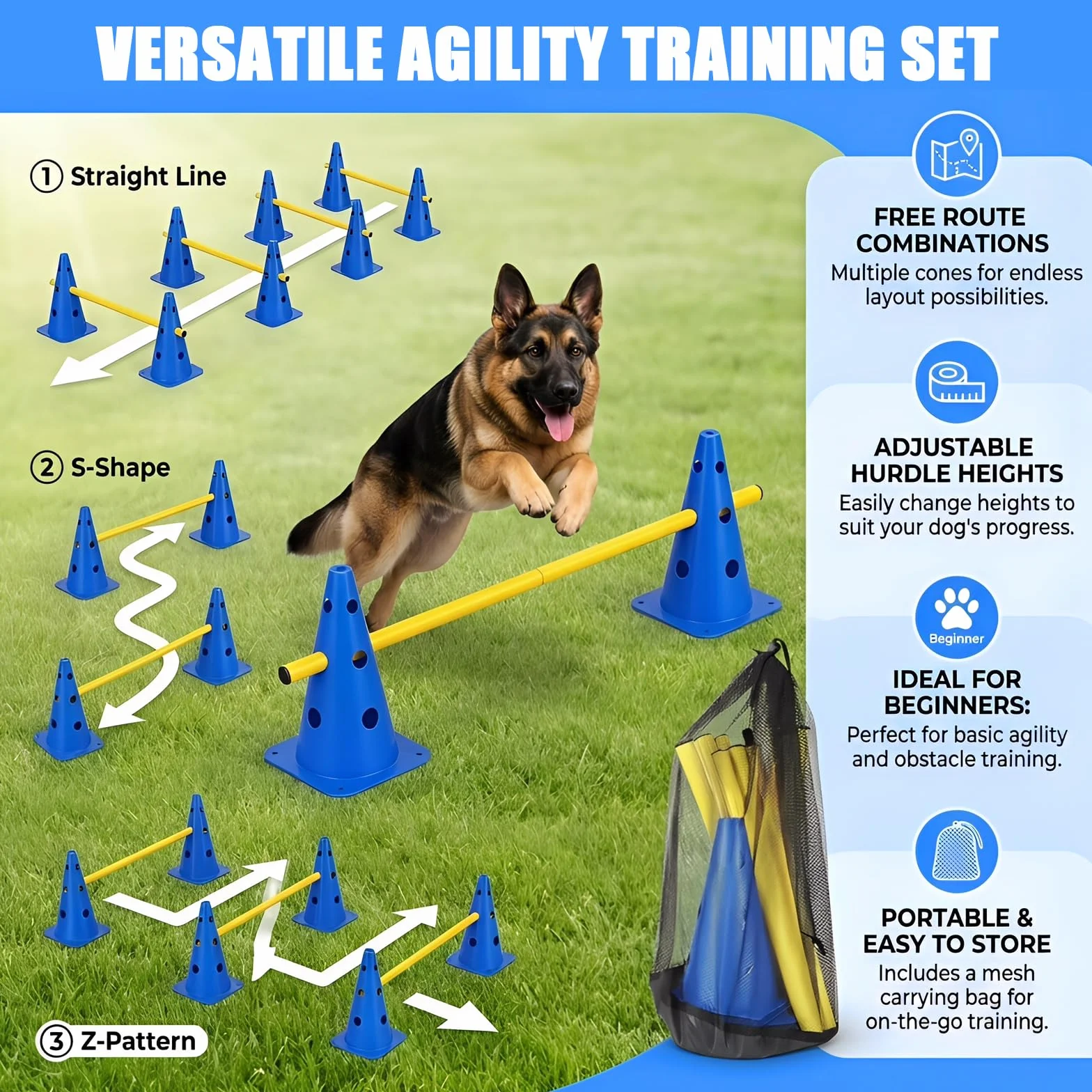 Kit Ostacoli Agility Impilabili, 10 Coni + 5 Barre (80cm) - Ostacoli Regolabili per Addestramento di Coordinazione per Bambini, Cani e Cavalli, Salti per Percorsi Cinofili ed Equitazione