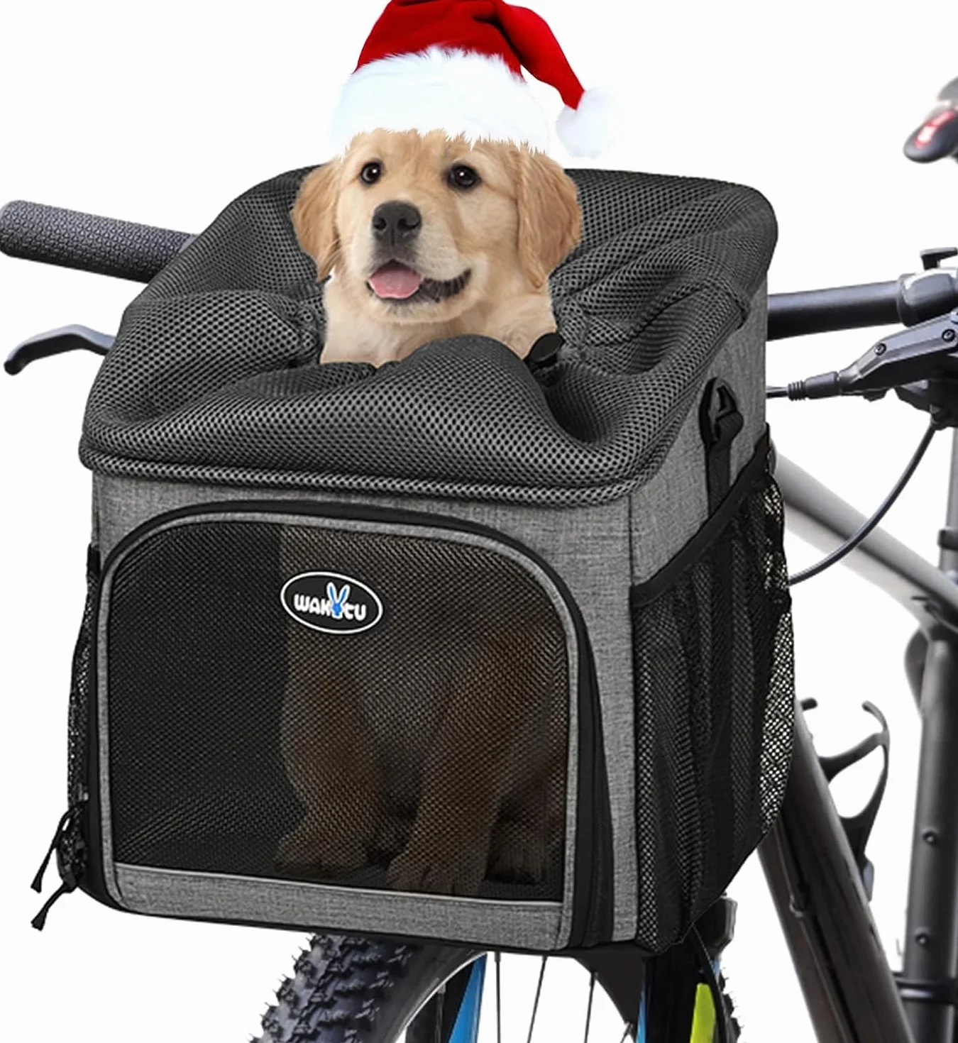 Wakytu Cestino da bicicletta per cani, zaino per bicicletta per animali domestici, pieghevole, rimovibile, strisce riflettenti, 2 tasche laterali, borsa da viaggio per gatti e cani di piccola taglia