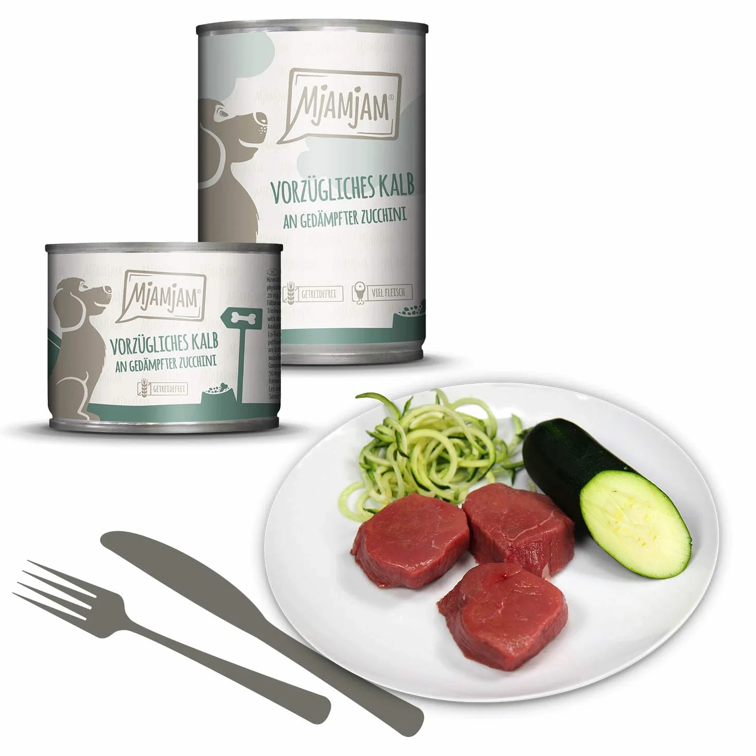 MjAMjAM - cibo umido premium per cani - ottimo vitello con zucchine al vapore, confezione da 6 (6 x 400 g), senza cereali con carne extra