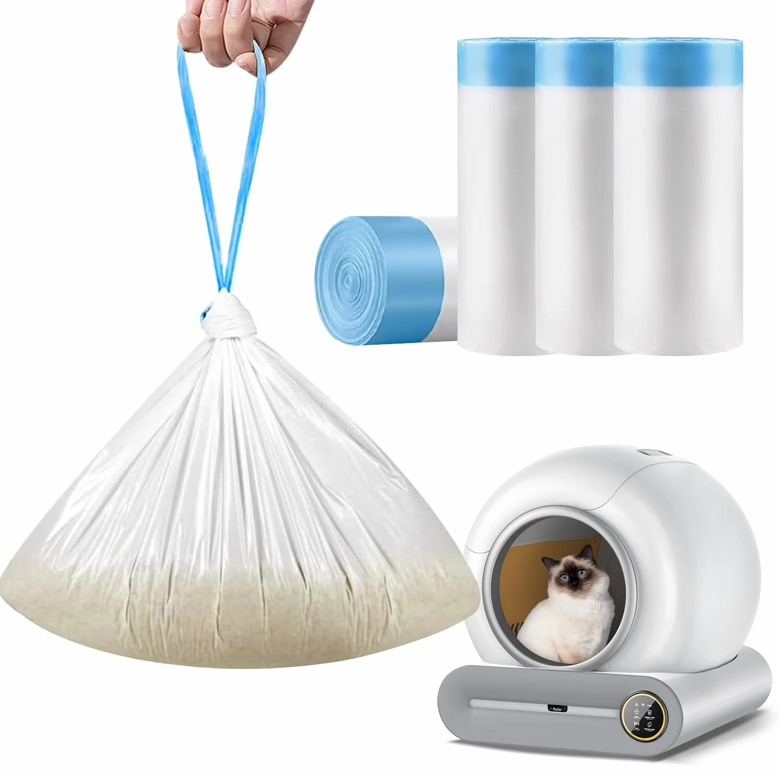 Lettiera autopulente per gatti, 50 x 45 cm, 60 sacchetti per la spazzatura con coulisse
