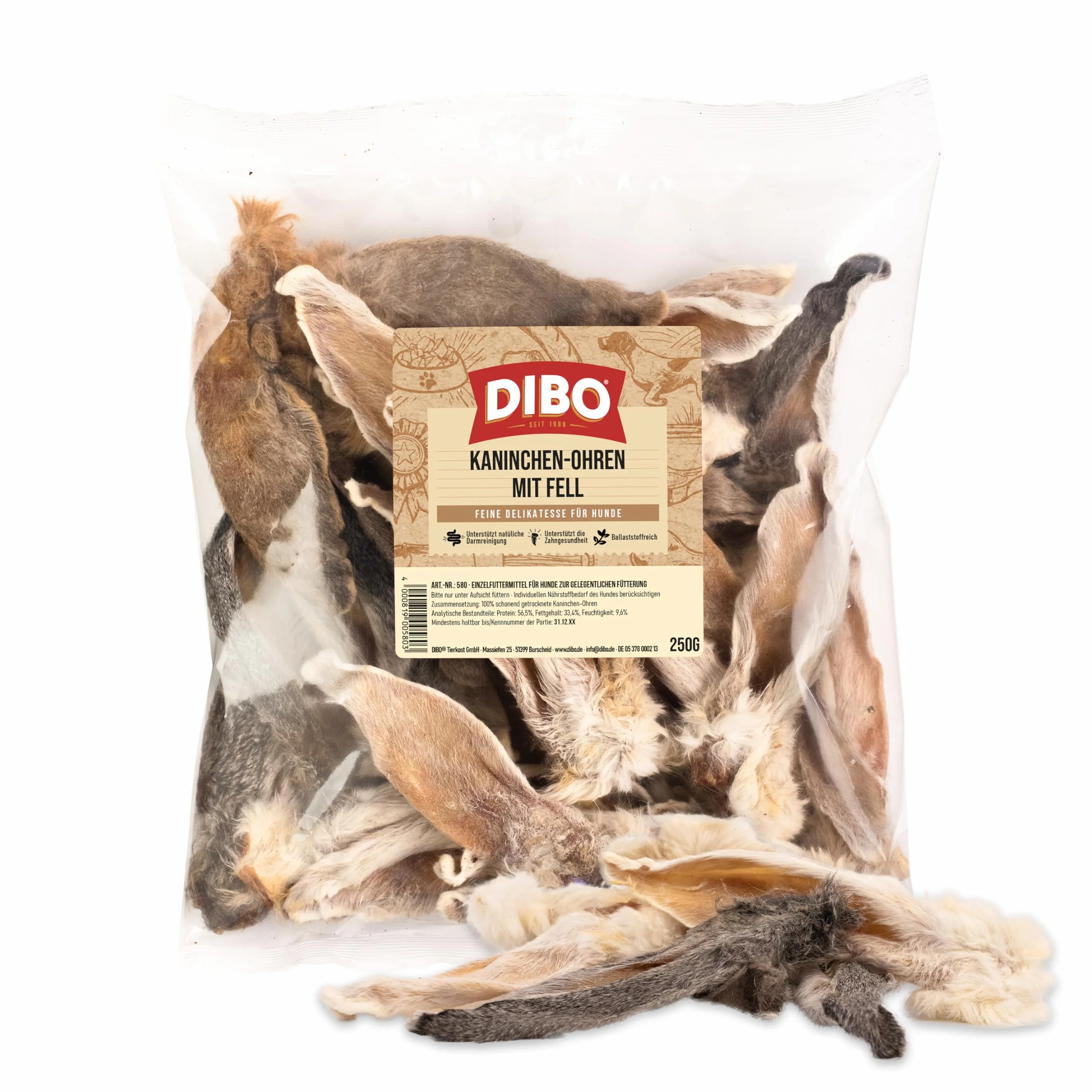DIBO Orecchie di coniglio con pelliccia, sacchetto da 250 g, spuntino naturale essiccato al 100% per cani, pulizia naturale dell'intestino