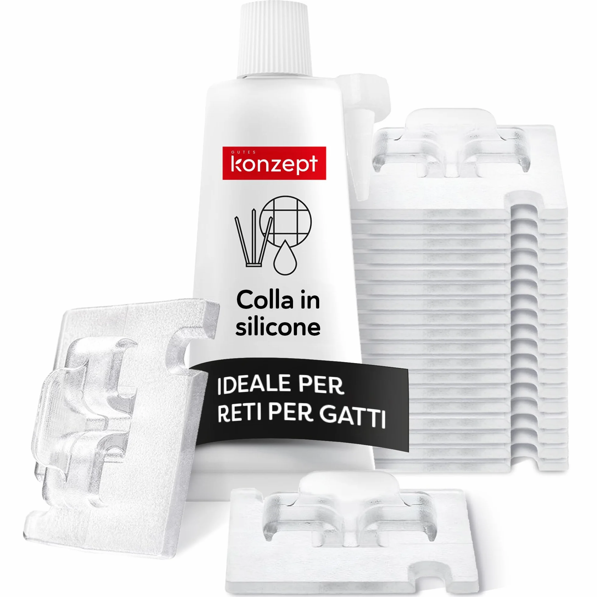 50 pezzi di ganci adesivi con 30ml di colla per montaggio, extra resistenti, per rete per gatti sul balcone – senza forare, trasparenti, resistenti agli agenti atmosferici, montaggio facile e veloce