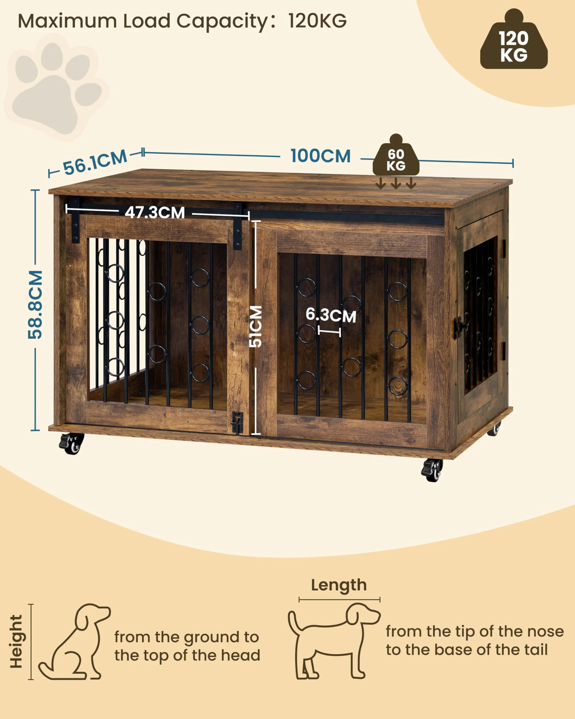 EUGAD 100cm Gabbia per Cani, Mobile Kennel per Cani da Interno, Kennel Cane in Legno con 2 Porte Ruote 360° Gabbie per Cane Medio Grande, Dog Crate Arredamento Marrone Vintage 100x56x65cm
