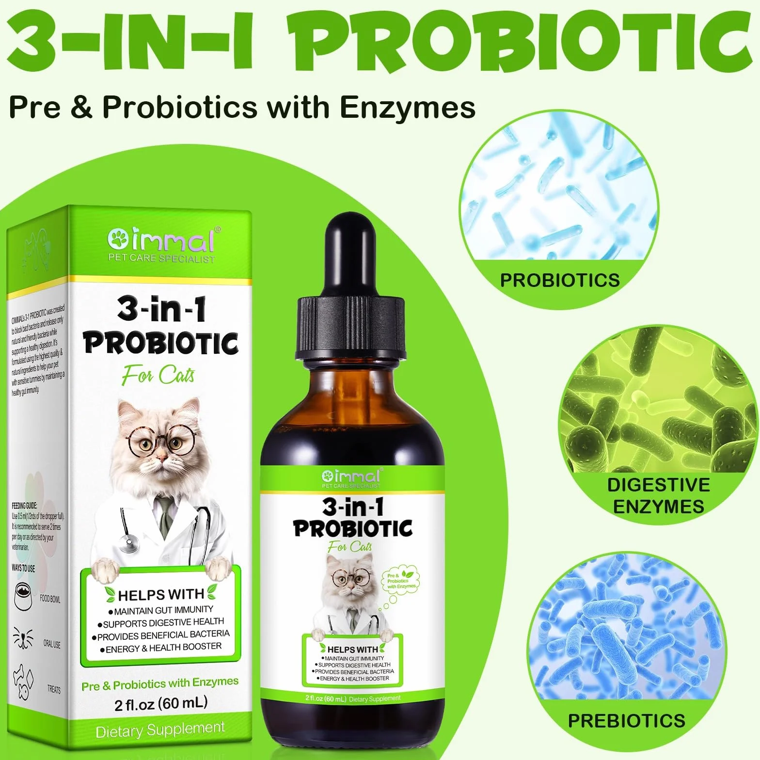 Probiotico per gatti, probiotici 3 in 1 per gatti domestici per alleviare la diarrea, supportare la salute intestinale, il prurito della pelle e l'immunità, integratore digestivo - 60 ml