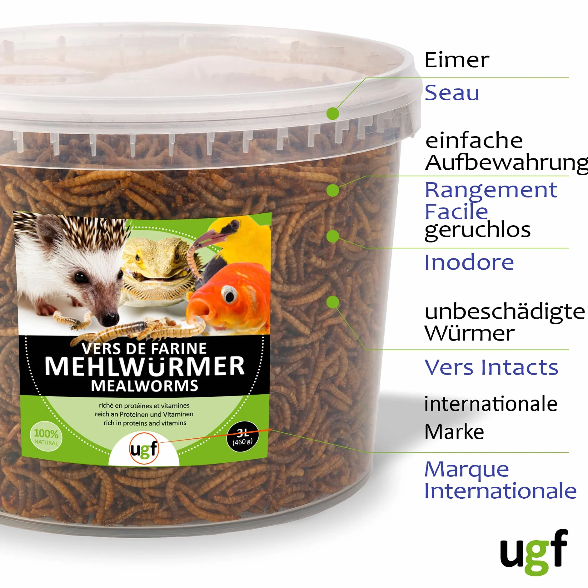 UGF - Vermi della farina essiccati di prima qualità - 460 g in un secchio da 3 litri, Cibo per uccelli selvatici, tutto l'anno, cibo per ricci, cibo per scoiattoli, cibo per criceti