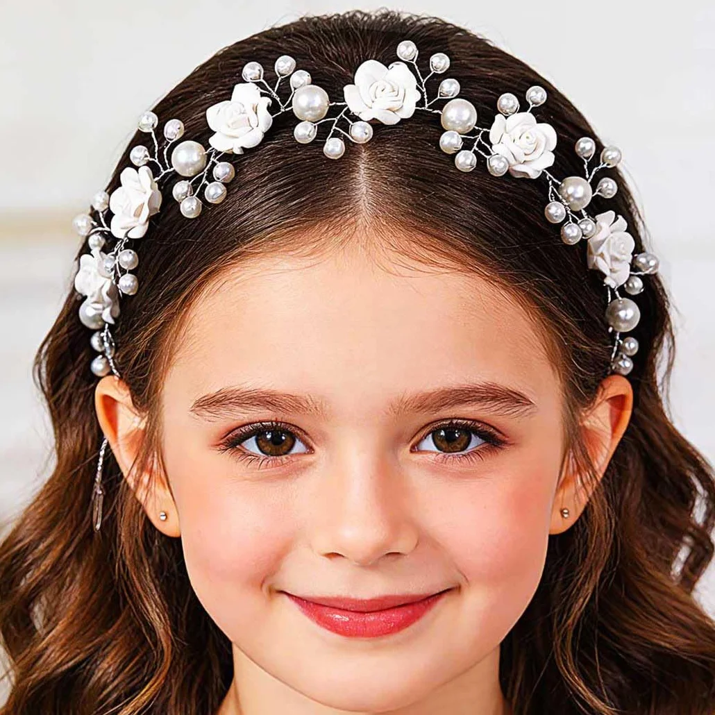 Fascia per capelli con fiore bianco Diadema di perle Accessori per capelli prima comunione Copricapo da sposa per ragazze damigella d'onore