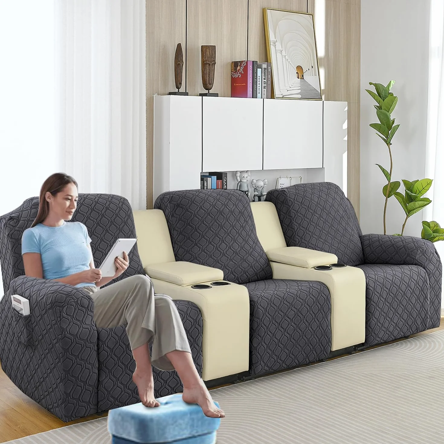 OKYUK Fodera per Poltrona Relax 3 Posti, Alta Elasticità e Antimacchia, Protezione da Animali e Bambini, Copertura Antiscivolo con Tasche, Estraibile e Lavabile (grigio scuro, 3 posti)
