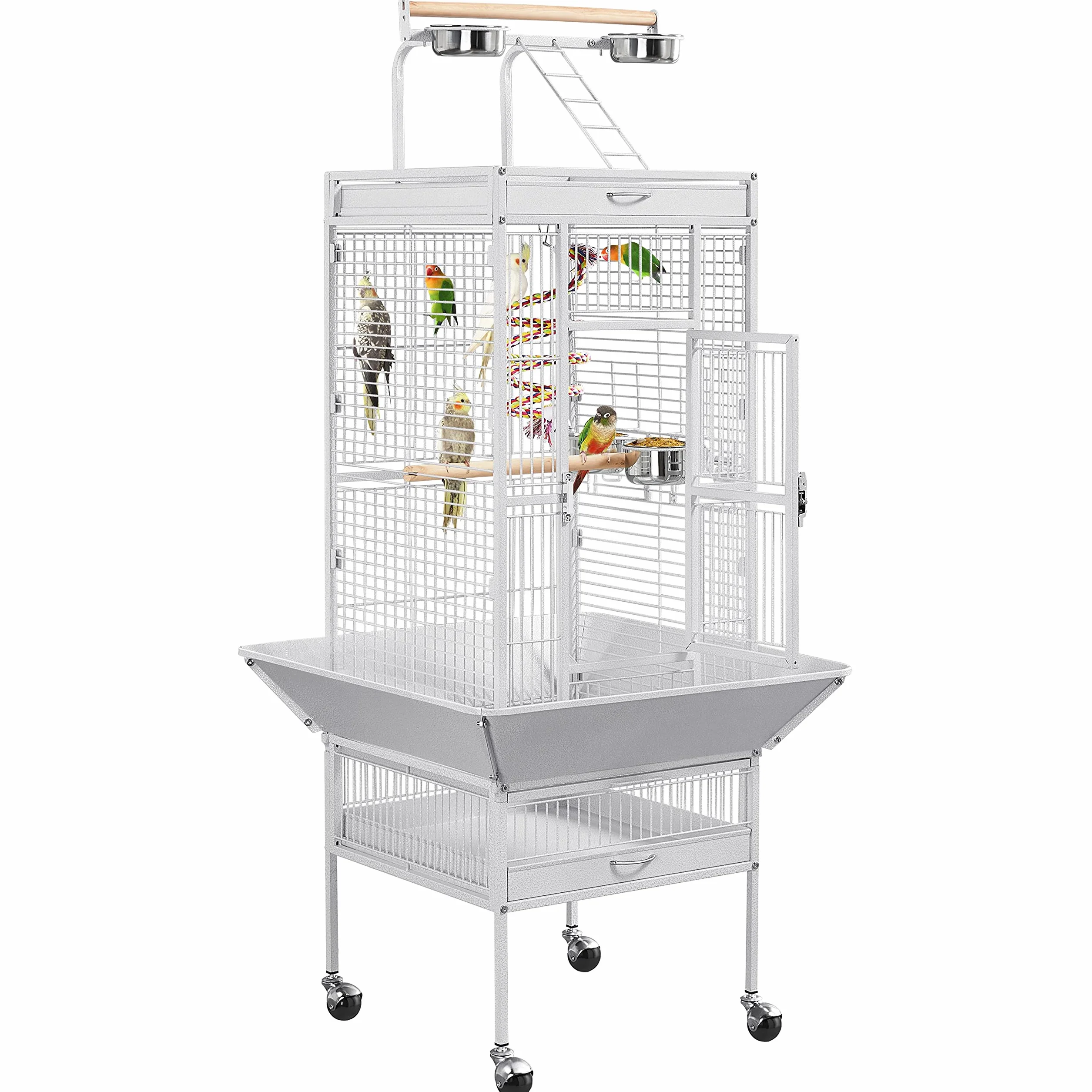 Yaheetech Gabbia Voliera per Uccelli Pappagalli Calopsite Grande Bianca con Piedistallo Supporto Ruote in Metallo da Interno e Esterno 65,5 x 65,5 x 156 cm