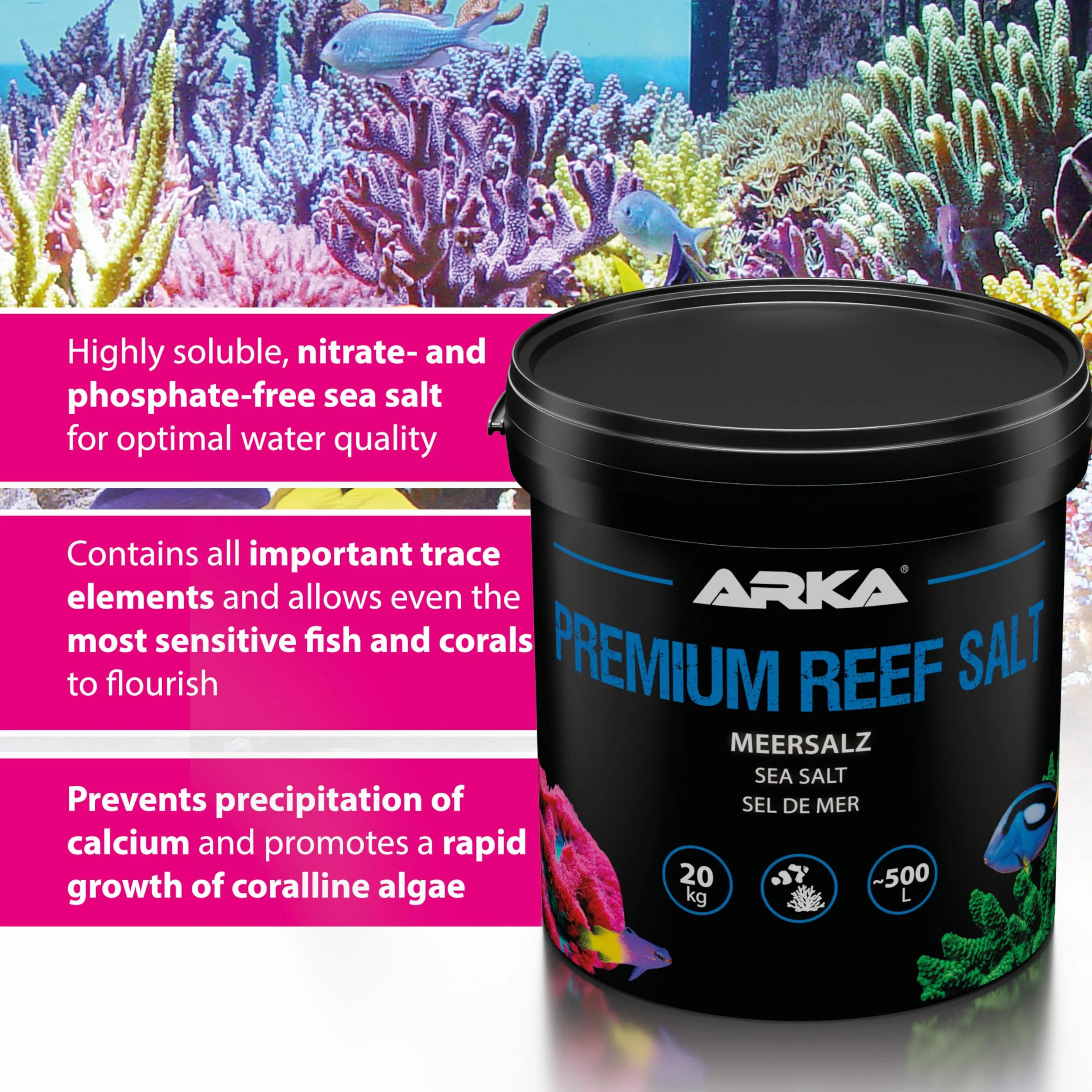 Sale marino 10  kg – ARKA Premium Reef Salt – sale sintetico per acquario marino – stimola la crescita dei coralli e i colori – si scioglie rapidamente, senza fosfati – parametri stabili