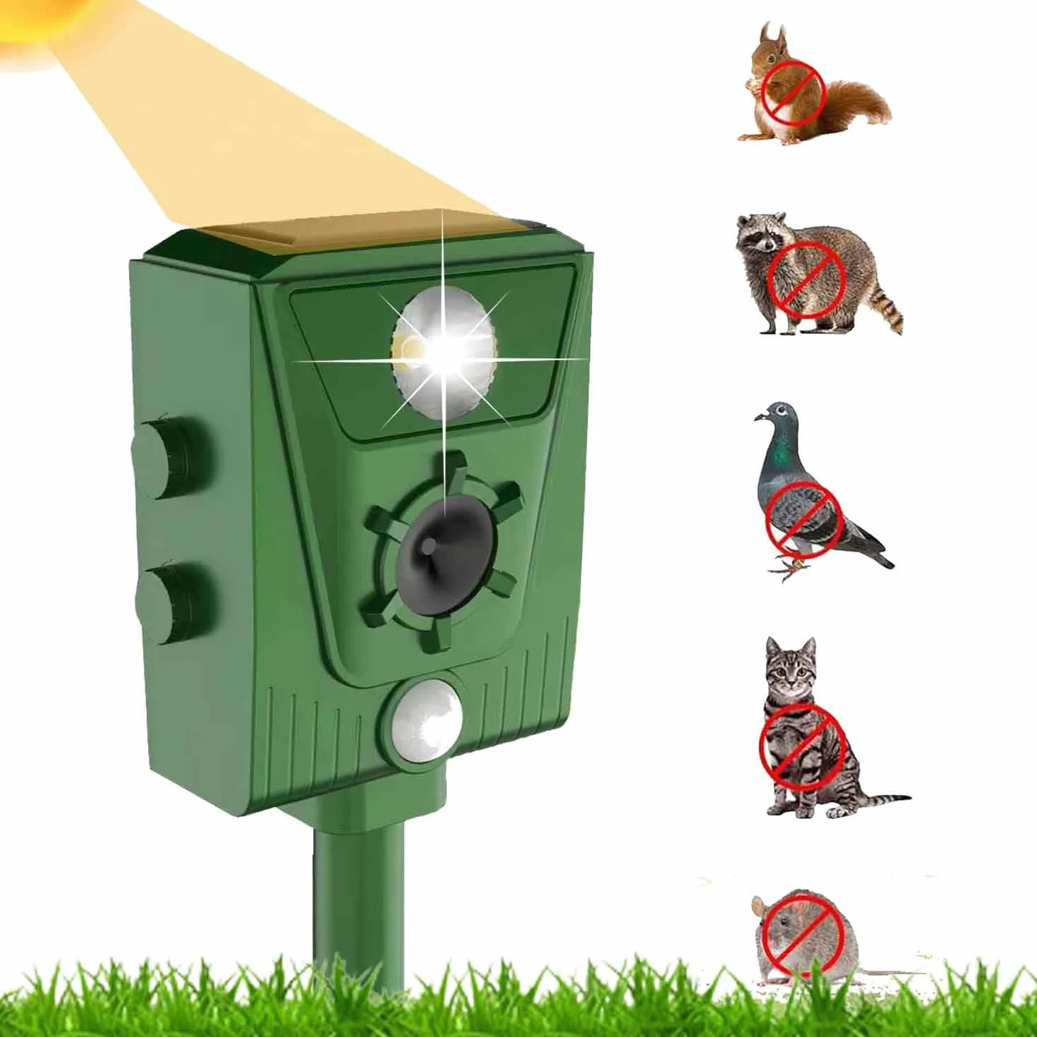 Repellente Gatti Piccioni Ultrasonico Esterno Solare IP66 Impermeabile Frequenza Regolabile 5 Modalità