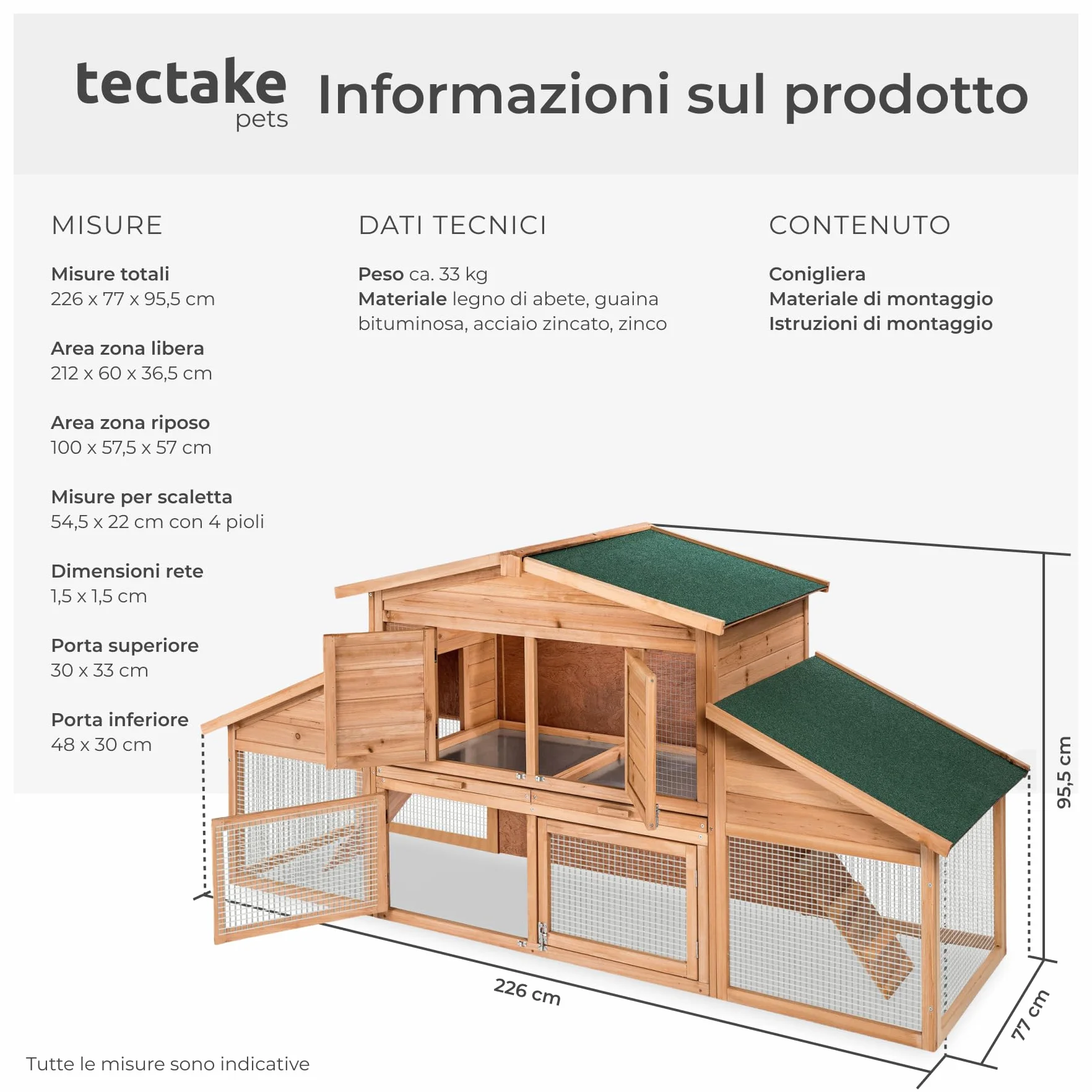 tectake® Conigliera da Esterno, 4 Porte, 2 Piani, 2 Rampe, con Zona Riposo, Tetto Idrorepellente, Recinto Per Conigli, XXL Gabbia Esterno, Casetta, Recinto Piccoli Animali, Legno, 226 x 77 x 95,5 cm