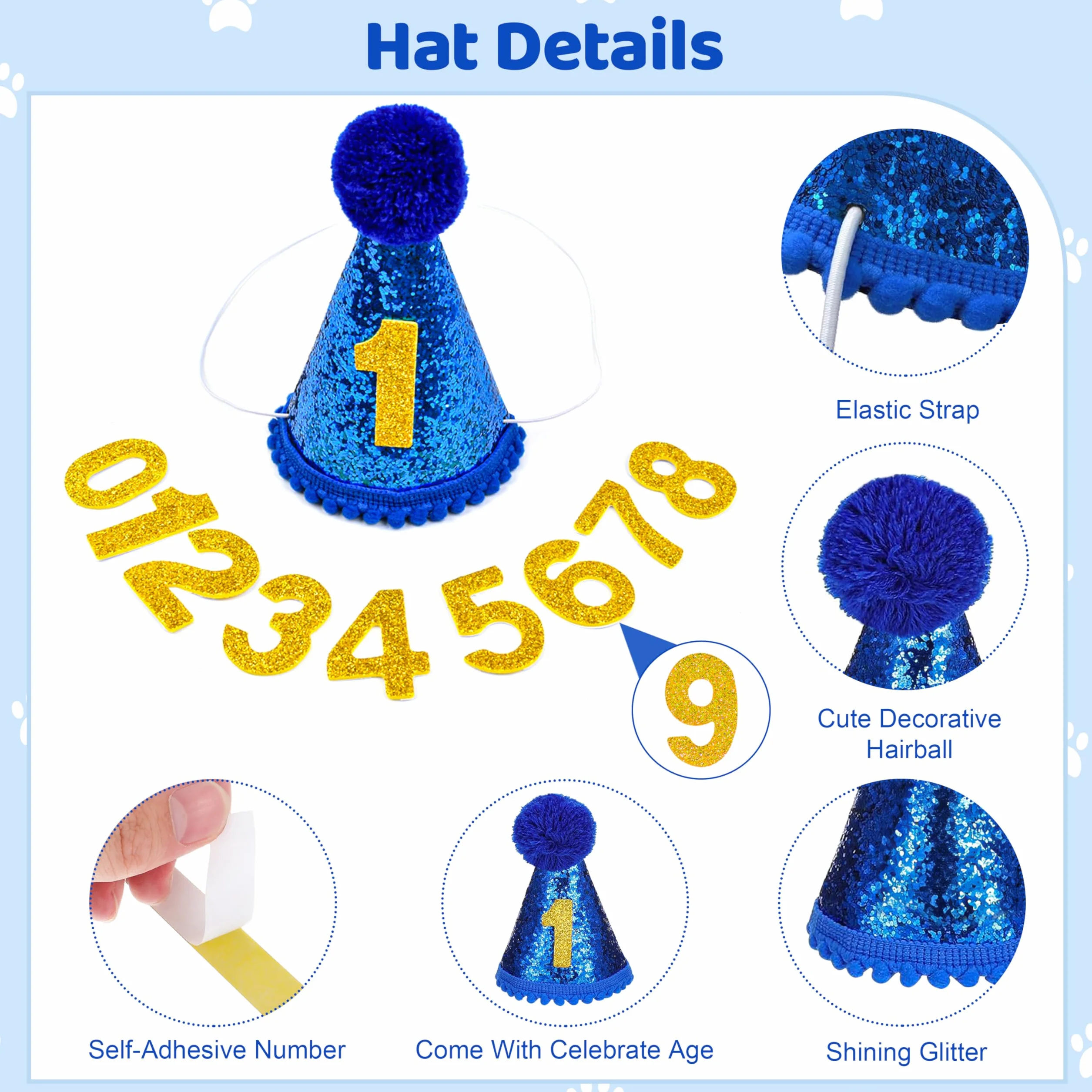 Set di Bandana Compleanno per Cani con Cappello e Pompon, Numeri Bling Adesivi 4 Pezzi Blu