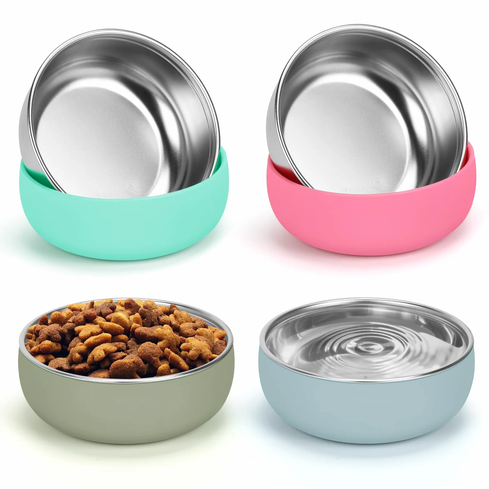 Ciotole per gatti in acciaio inox, con fondo in gomma, 12,7 cm di larghezza e poco profondo, adatte ai baffi, resistenti e antiscivolo, piccole ciotole per gatti da interno