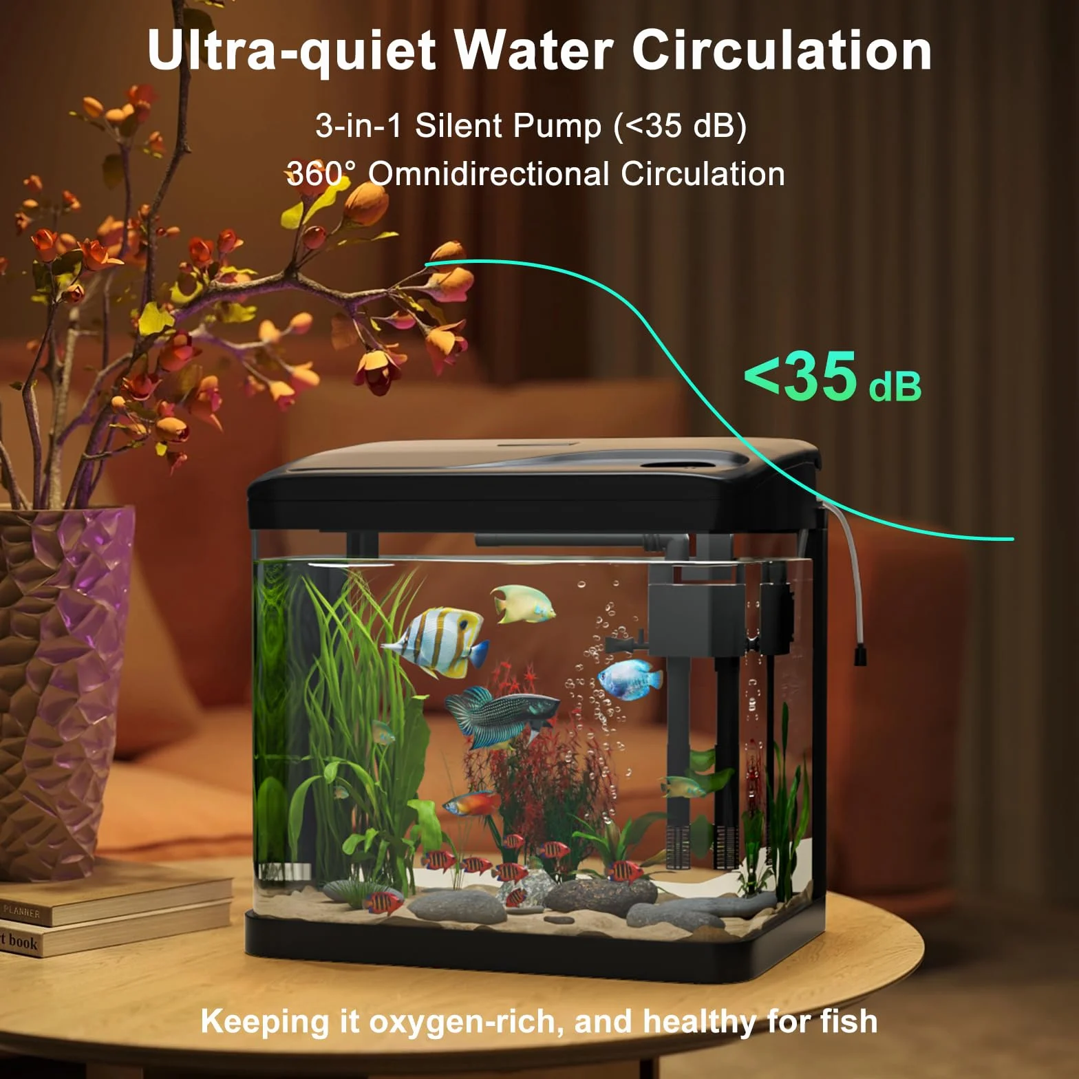 Acquario Piccolo in Vetro, GuKKK Completo Acquarios Per Pesci Rossi Tartarughe D'acqua con Illuminazione a LED e Sistema di Filtraggio,Nero,Set Per Principianti Mini Acquario Completo (10L)