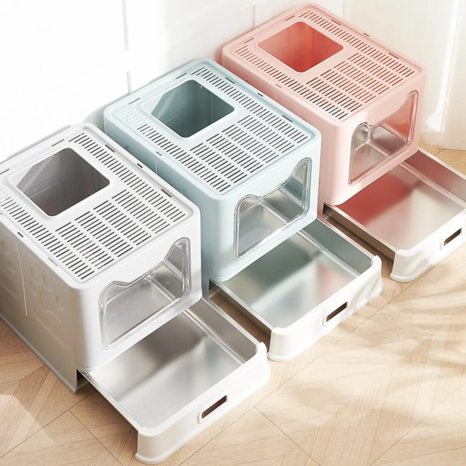 OHMG Lettiera per Gatti, Chiusa, Casa di Toilette in Acciaio Inox, Vassoio Rimovibile, Paletta, per Gatti Grandi, Capacità di Carico 15 kg, Anti-tracce, Anti-perdite
