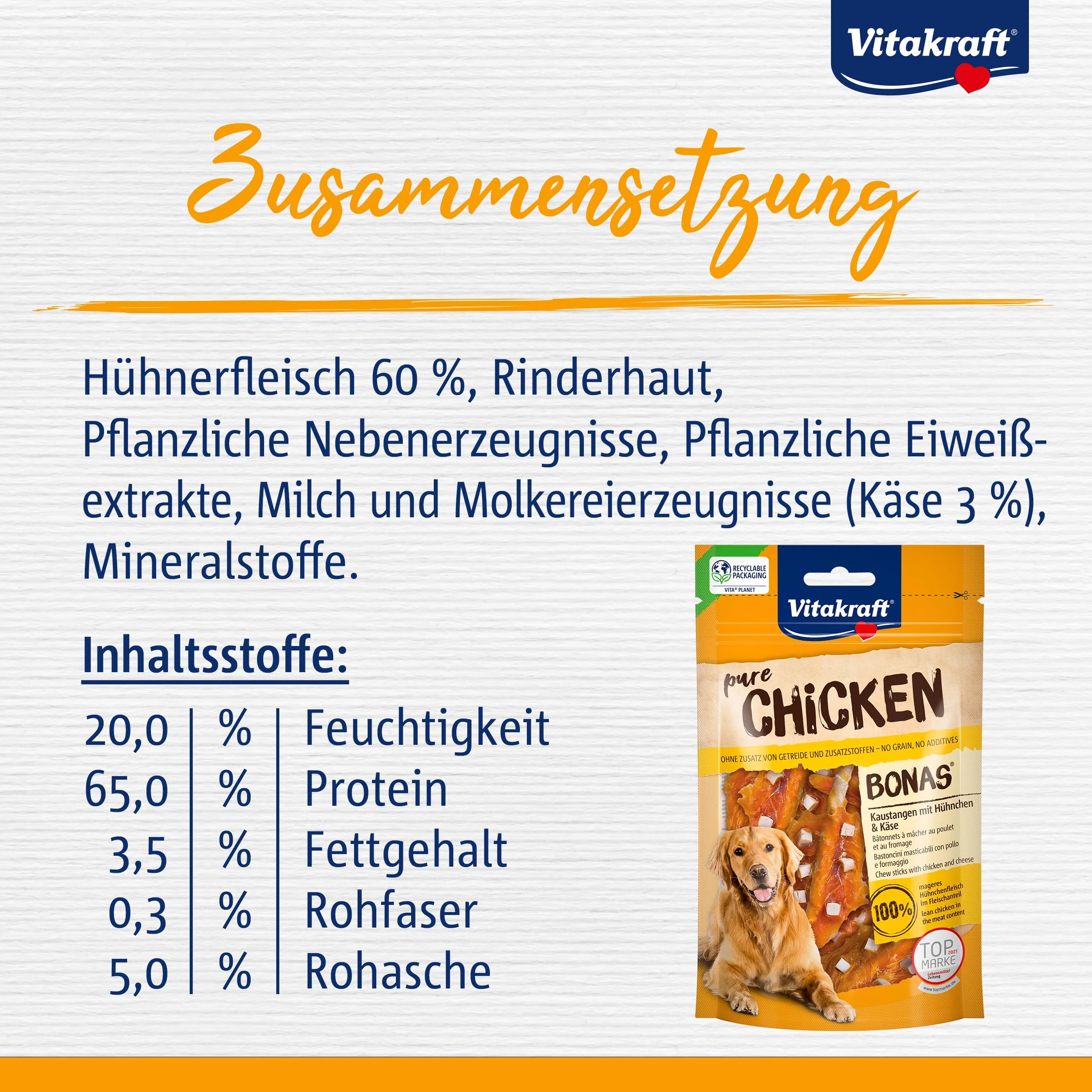Vitakraft Pure Chicken Bonas, snack cane, bastoncini da masticare con pollo e formaggio, snack per l’addestramento del cane, senza zuccheri aggiunti (7x 80g)