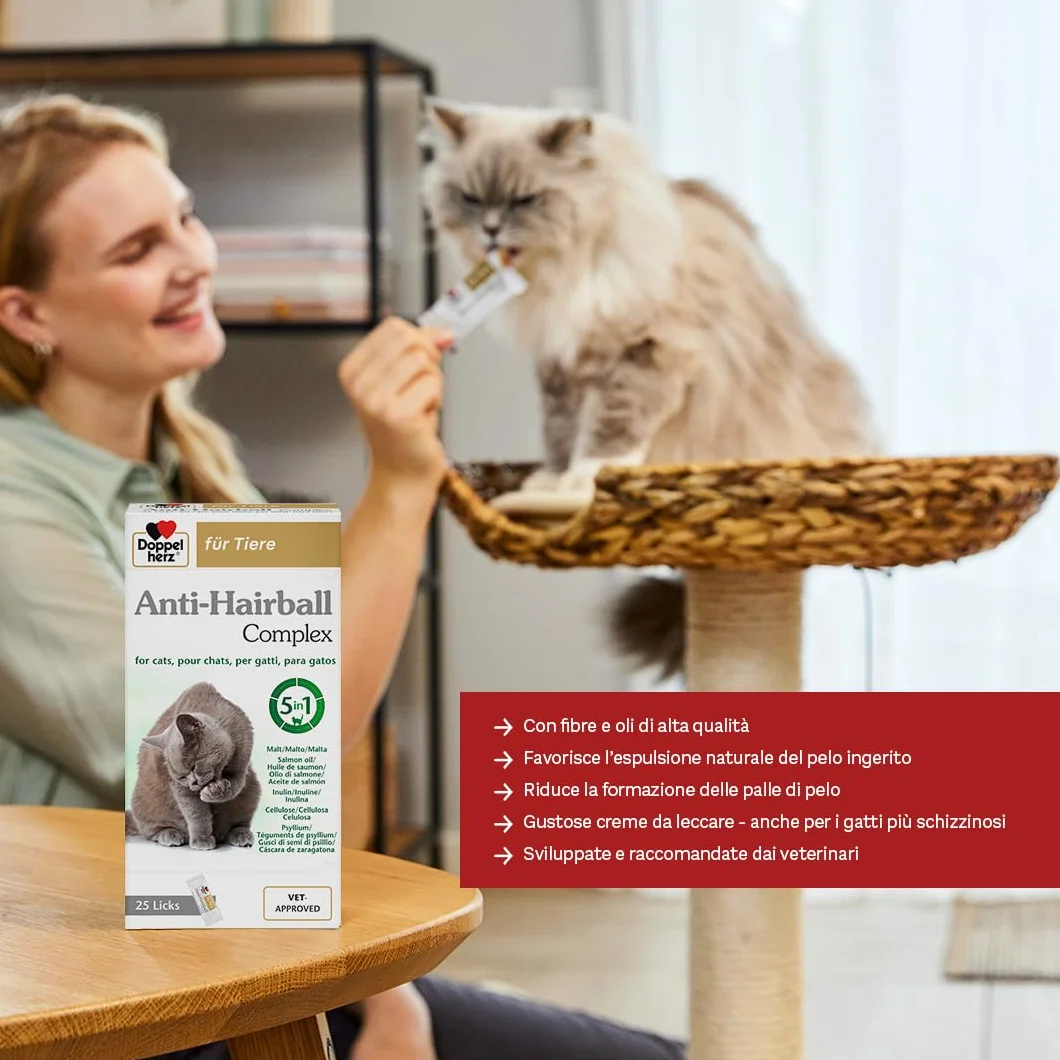 Doppelherz - Complesso Anti Hairball Doppelherz per gatti – Con fibre e oli di elevata qualità per favorire la digestione dei boli di pelo – 25 cremosi snack da leccare.