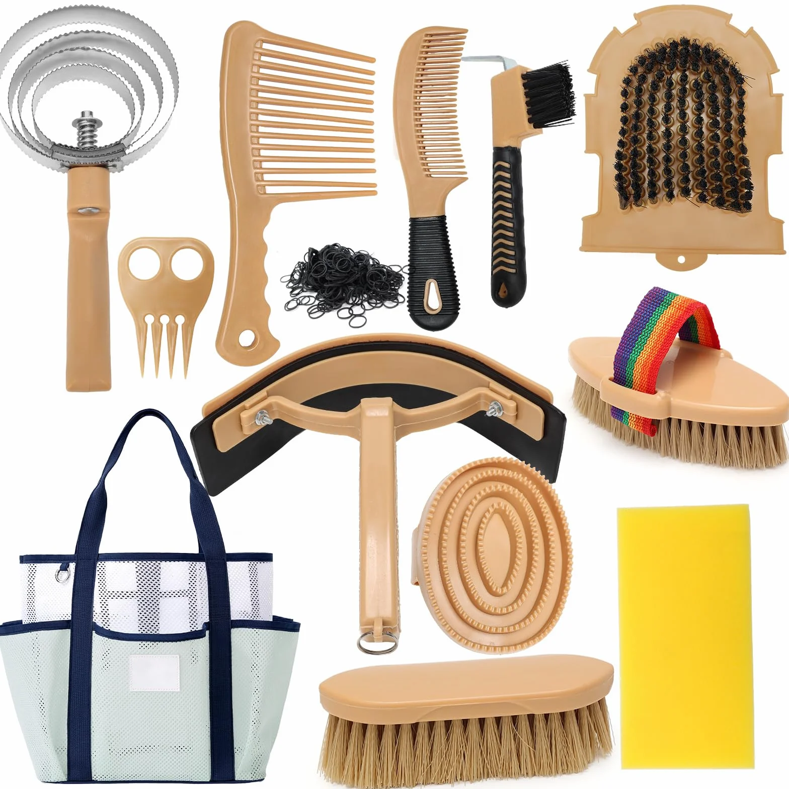 Kit per la toelettatura del cavallo da 13 pezzi con 12 accessori e 1 borsa portaoggetti, Serie Horse Care, Giallo, Spazzole per cavalli, Spazzole in setola, Toelettatura del cavallo