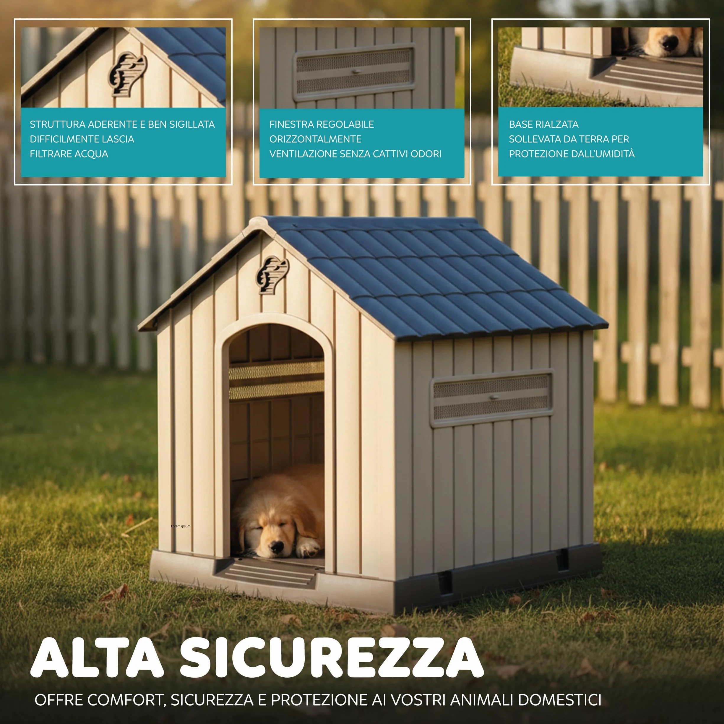 Aqpet Cuccia per Cani in Plastica Impermeabile da Esterno e Interno – Casetta con Pavimento Rialzato e Sistema di Ventilazione – Rifugio Resistente per Cani di taglia Grande 93x99x98hcm