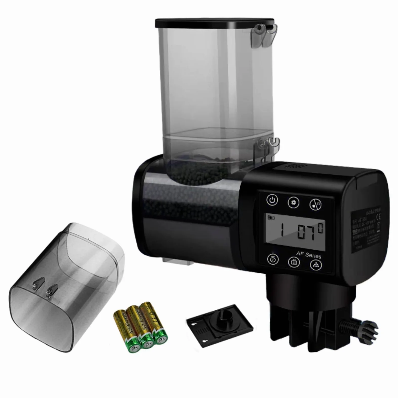 Distributore automatico per pesci per acquario, 250 ml, erogatore automatico con alimentazione a tempo regolabile, doppio supporto, indicatore visivo, batterie incluse, per pellet fino a 3 mm