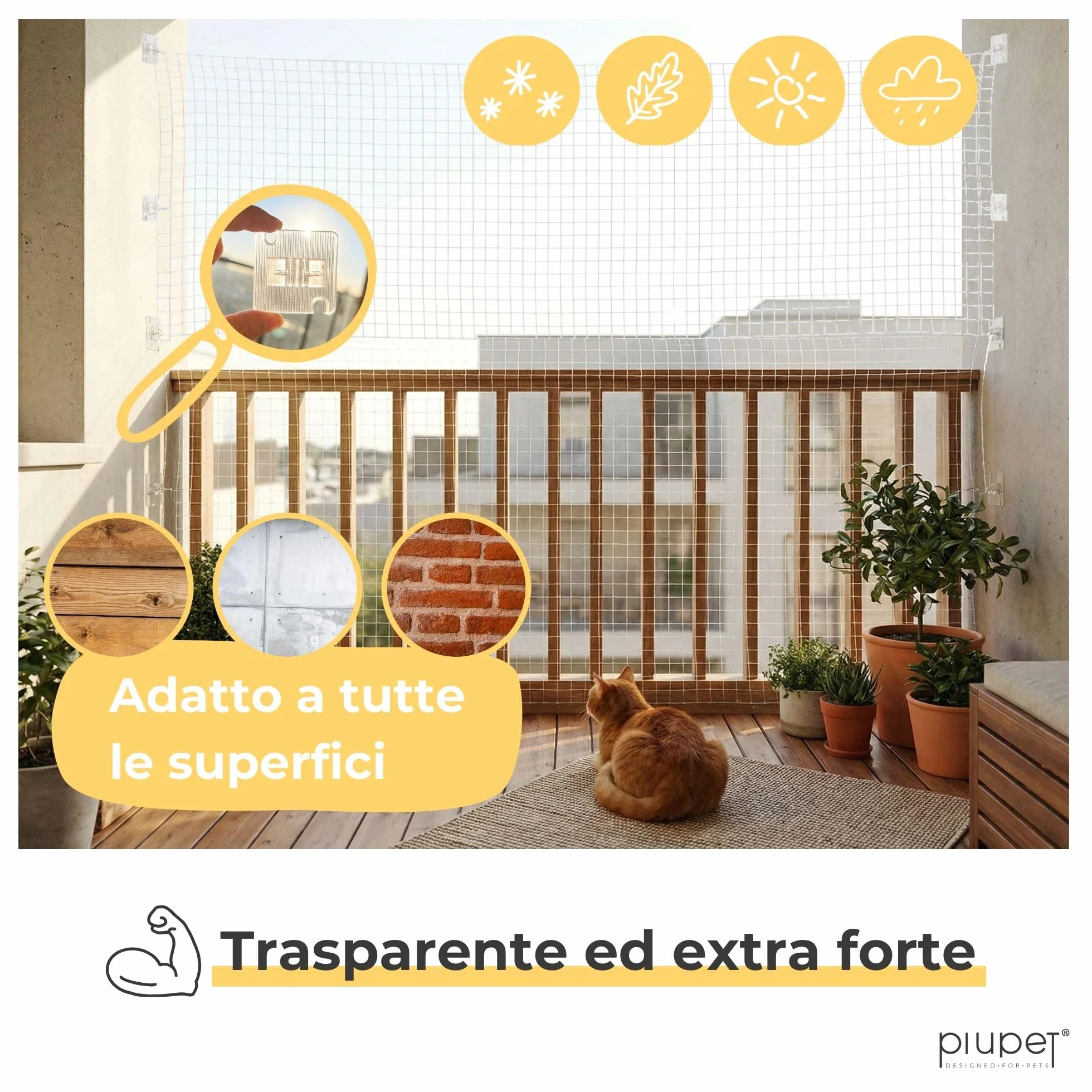 PiuPet® Ganci Adesivi per Rete per Gatti Senza forare | Fissaggio Rete Gatto per Balcone e Finestra | Ganci Trasparenti con Colla Silicone (60 Ganci + 80 ml di Colla)