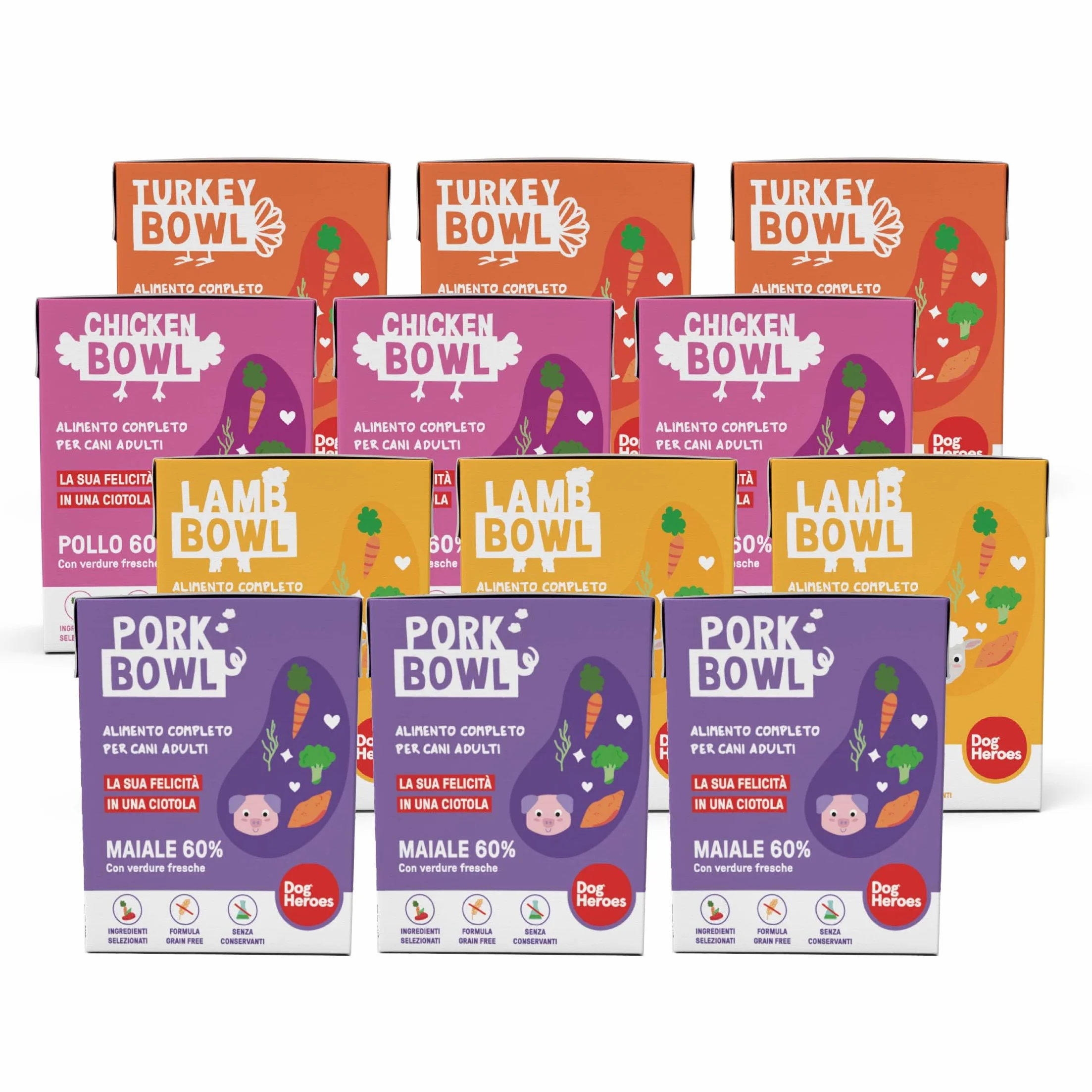 Dog Heroes Cibo Umido per Cani Maiale Agnello Pollo Tacchino 60% Multipack 12x390g