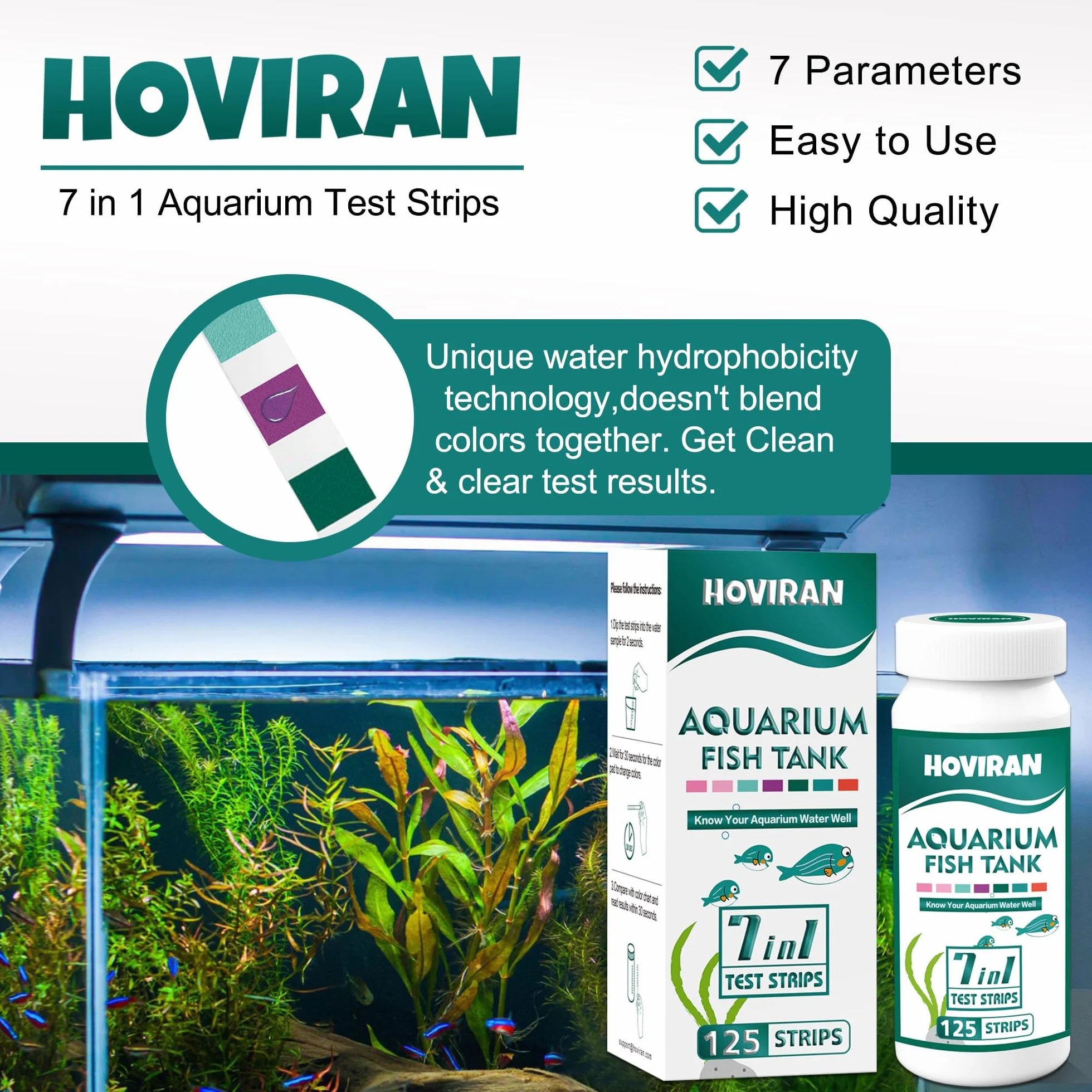 Strisce reattive per acquari 7 in 1, 125 strisce reattive per acquari per acqua dolce e salata, kit per test dell'acqua per acquari