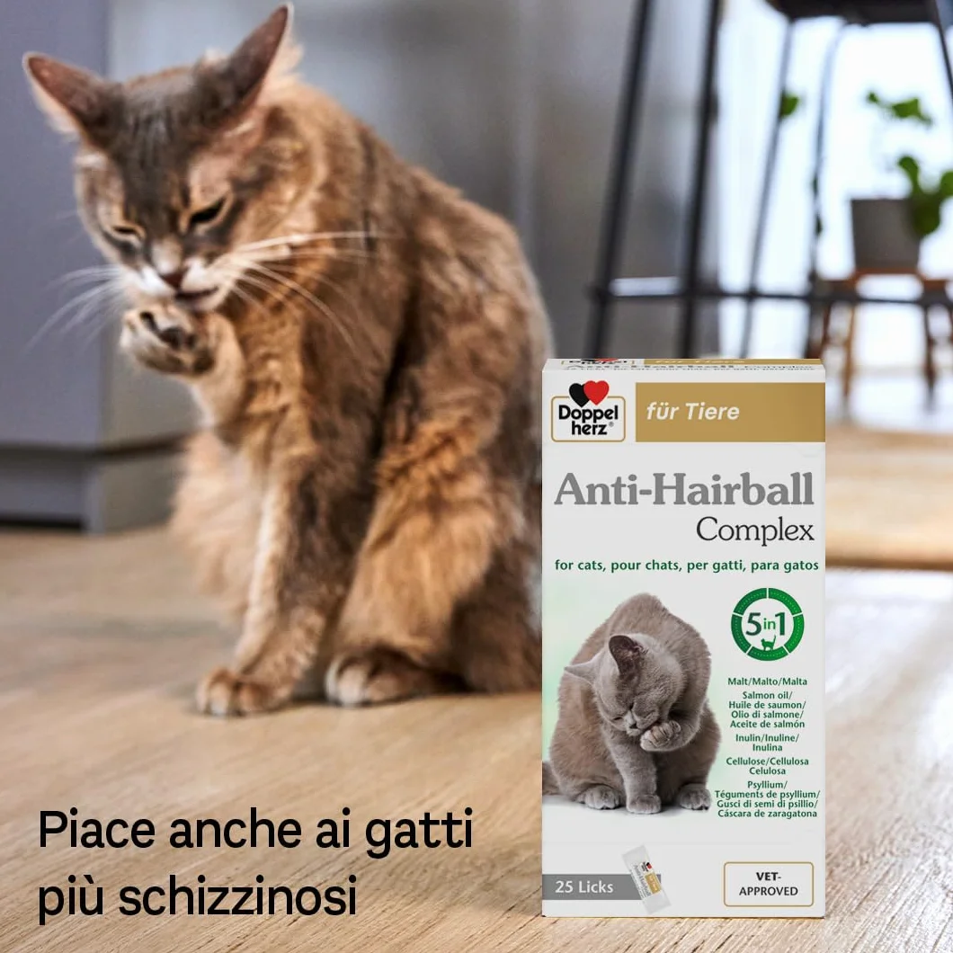 Doppelherz - Complesso Anti Hairball Doppelherz per gatti – Con fibre e oli di elevata qualità per favorire la digestione dei boli di pelo – 25 cremosi snack da leccare.