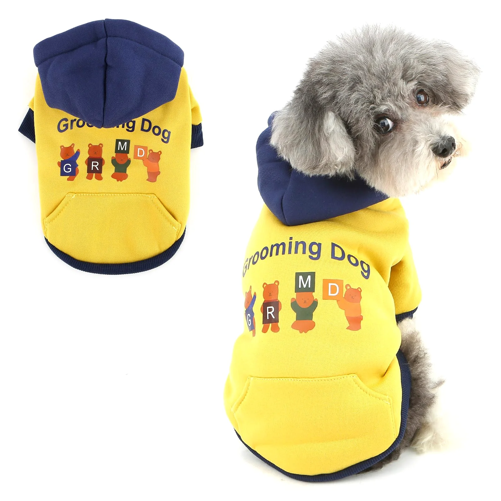 XHYRHTS Felpa con cappuccio in pile per cani con stampa simpatico cartone animato per razze Xsmall piccole, calda felpa pullover colorblock con anello a D, morbido abito invernale per cuccioli gattini