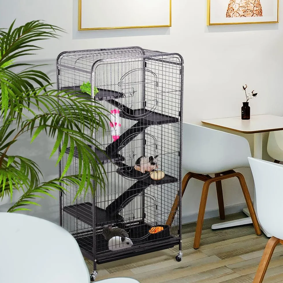 Yaheetech Gabbia per Coniglio Nano da Interno Esterno a 5 Ripiani Animali Domestici Grande in Metallo con 4 Rotelle Orientabili 64 x 43 x 131 cm Nera