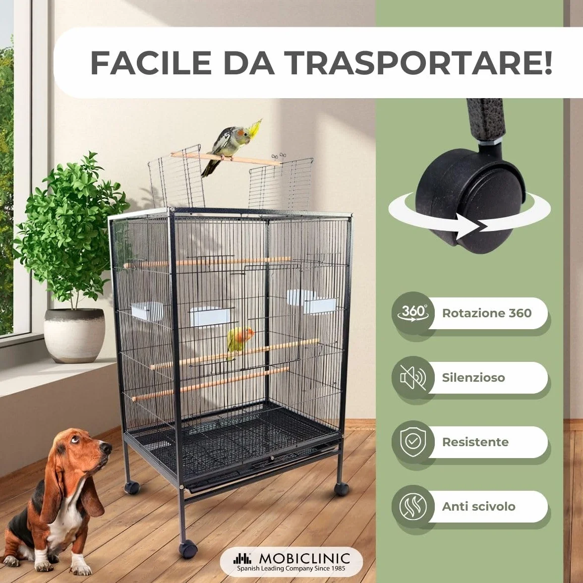 Mobiclinic®, Gabbia per Uccelli, XL, Ruote il Trasporto, Freni, Apertura superiore, Vassoio Rimovibile, 8 Porte, Grandi dimensioni, 95x43x61,5 cm, Mangiatoie, Abbeveratoi, Posatoi, Ninfa