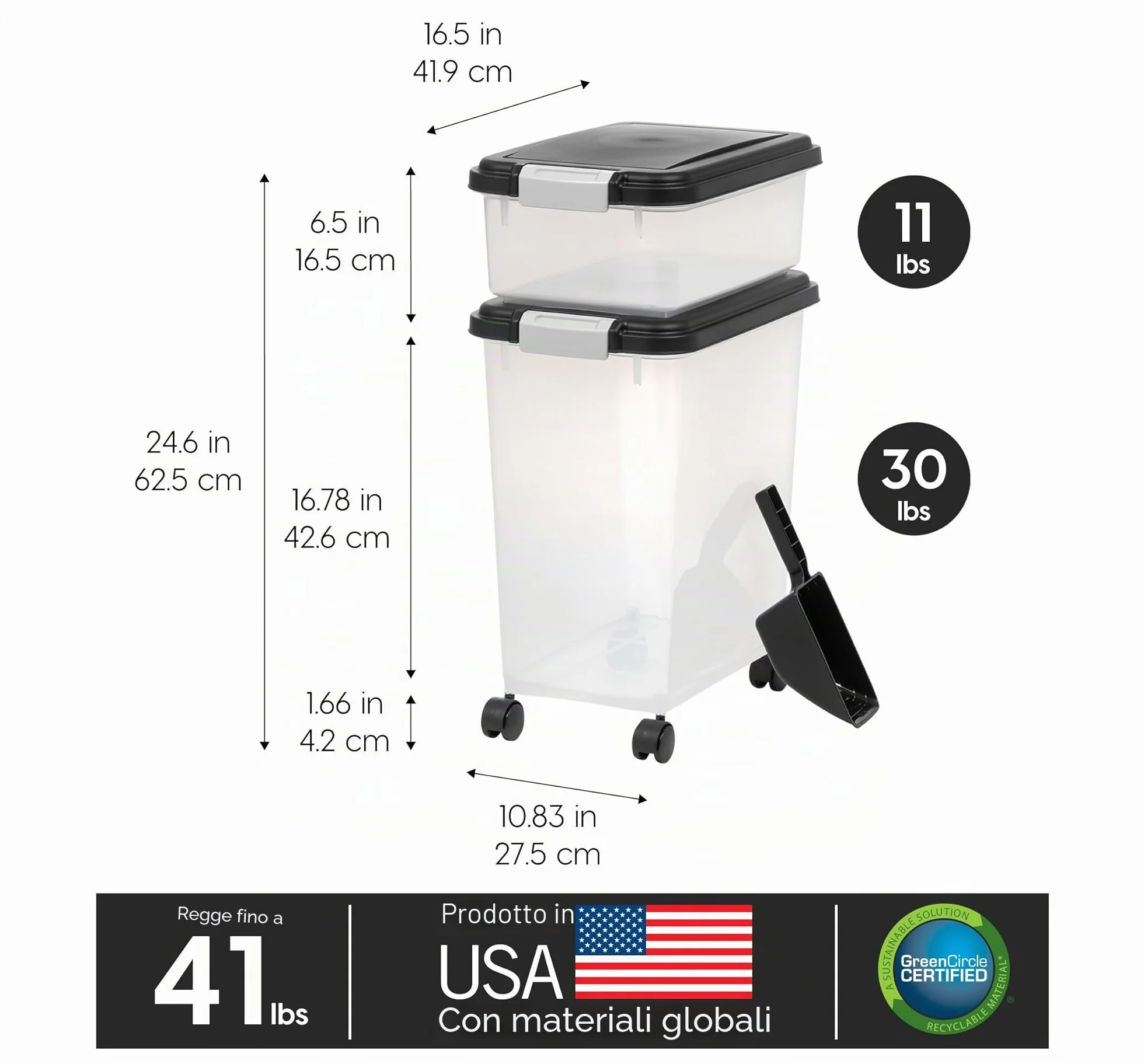 Iris Ohyama, Contenitore per Crocchette Ermetico, 30L+10L, Nero, Ermetici, Plastica, con Coperchio, Per Cibo per Gatti, Cani, Cibo secco, Crocchette, Dolci, MP-8&MP-1