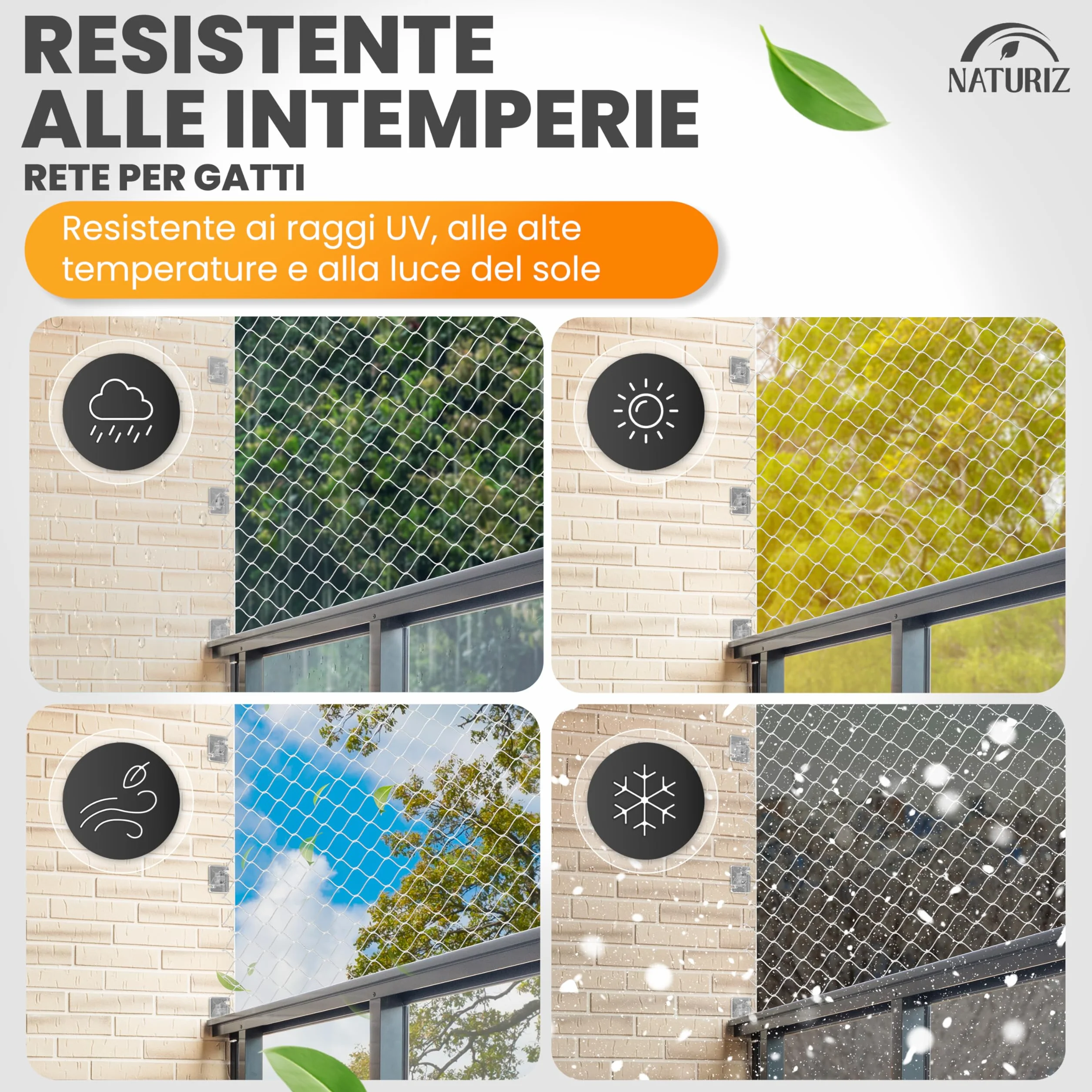 Naturiz Rete per gatti per balcone senza foratura, 3 x 4 m, rinforzata con filo trasparente/bianco, griglia per gatti con gancio adesivo – Rete di protezione per gatti per balcone e finestre, rete da