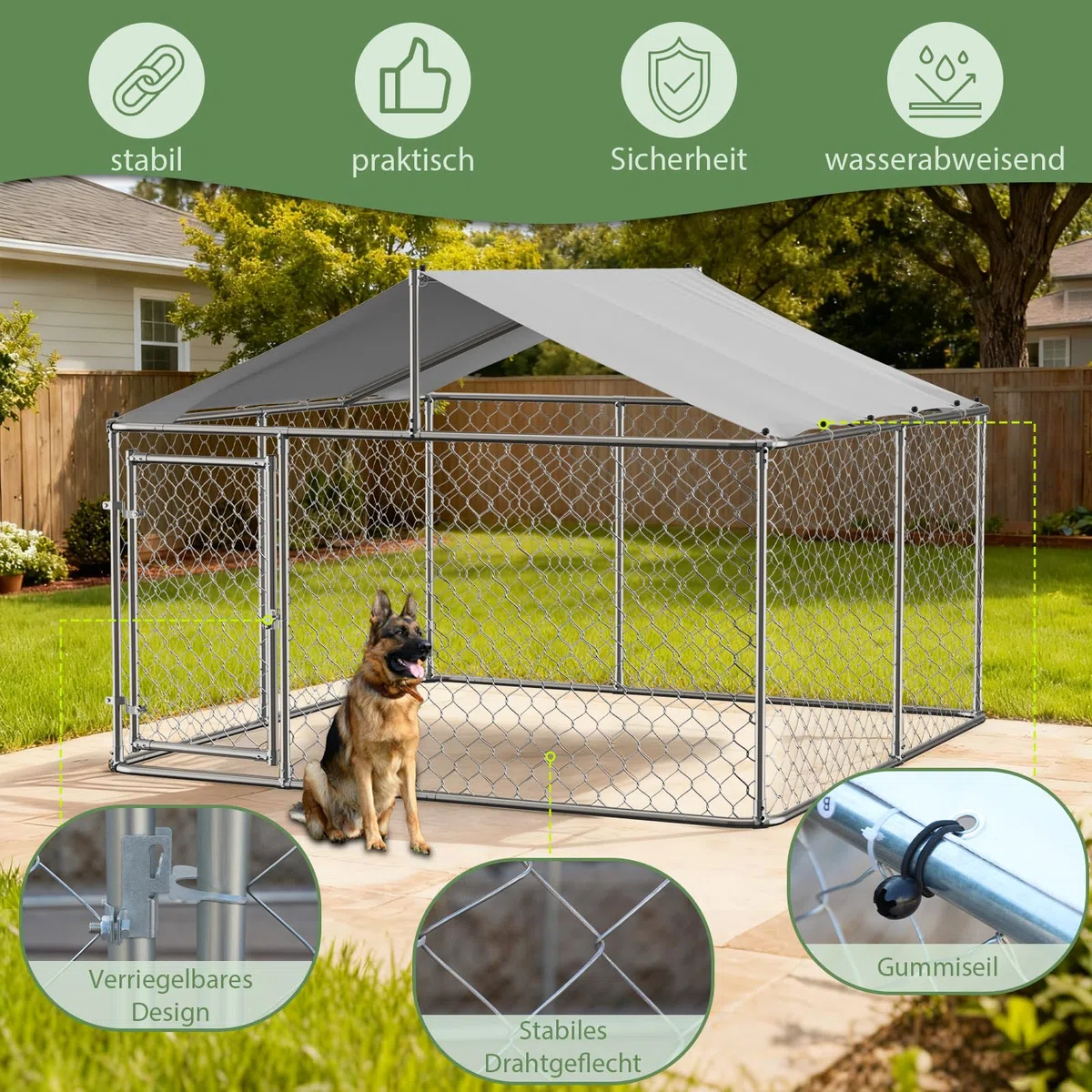 Cuccia per cani da esterni, 230 x 230 cm, con tetto e lucchetto, stabile beccuccio per cani in acciaio zincato con telo protettivo per giardino e terrazza