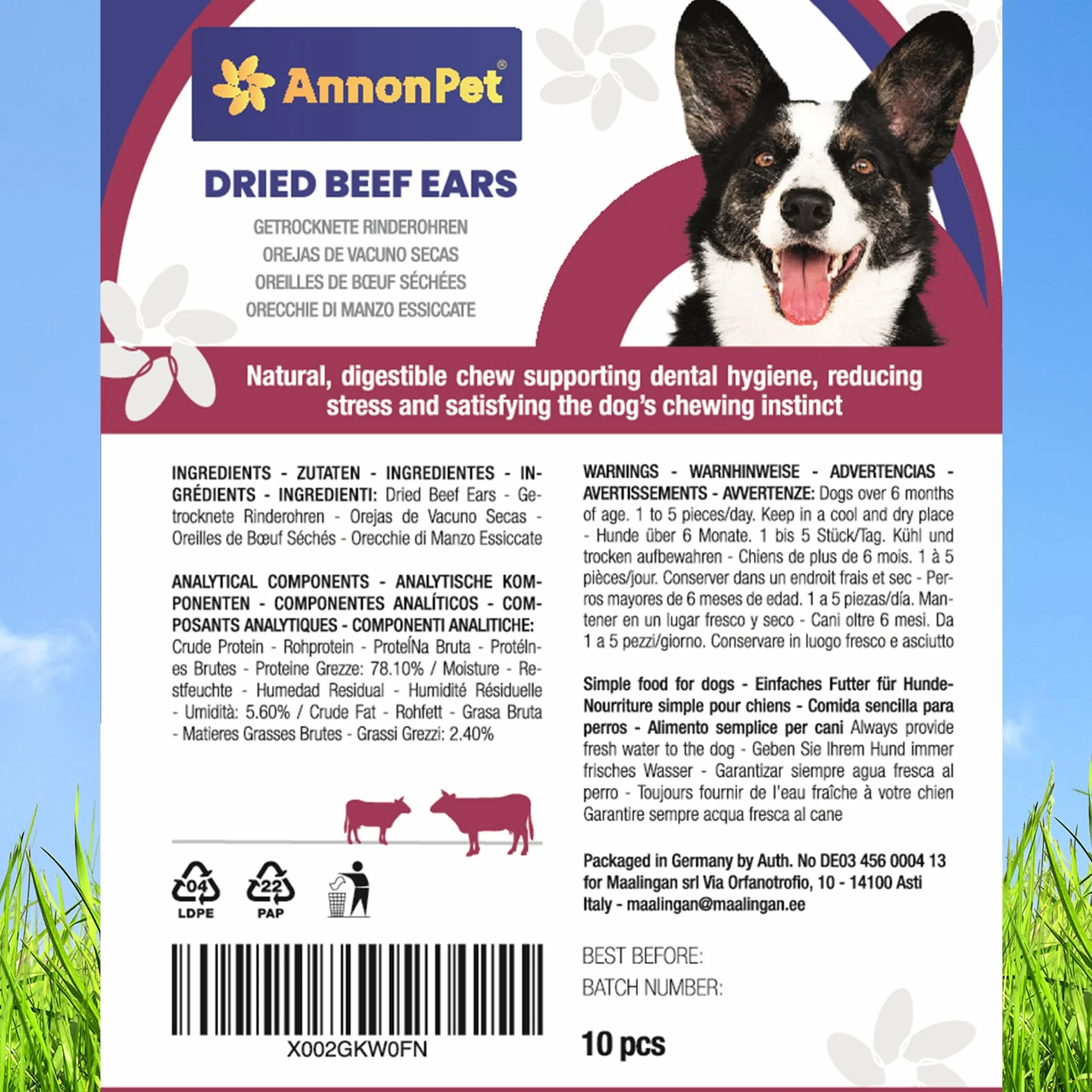 10 Orecchie di Manzo Essiccate per Cani – Snack Naturale e Masticativo ad Alta Digeribilità – Ricche di Proteine, Senza Additivi – Ideali per Igiene Dentale, Antistress