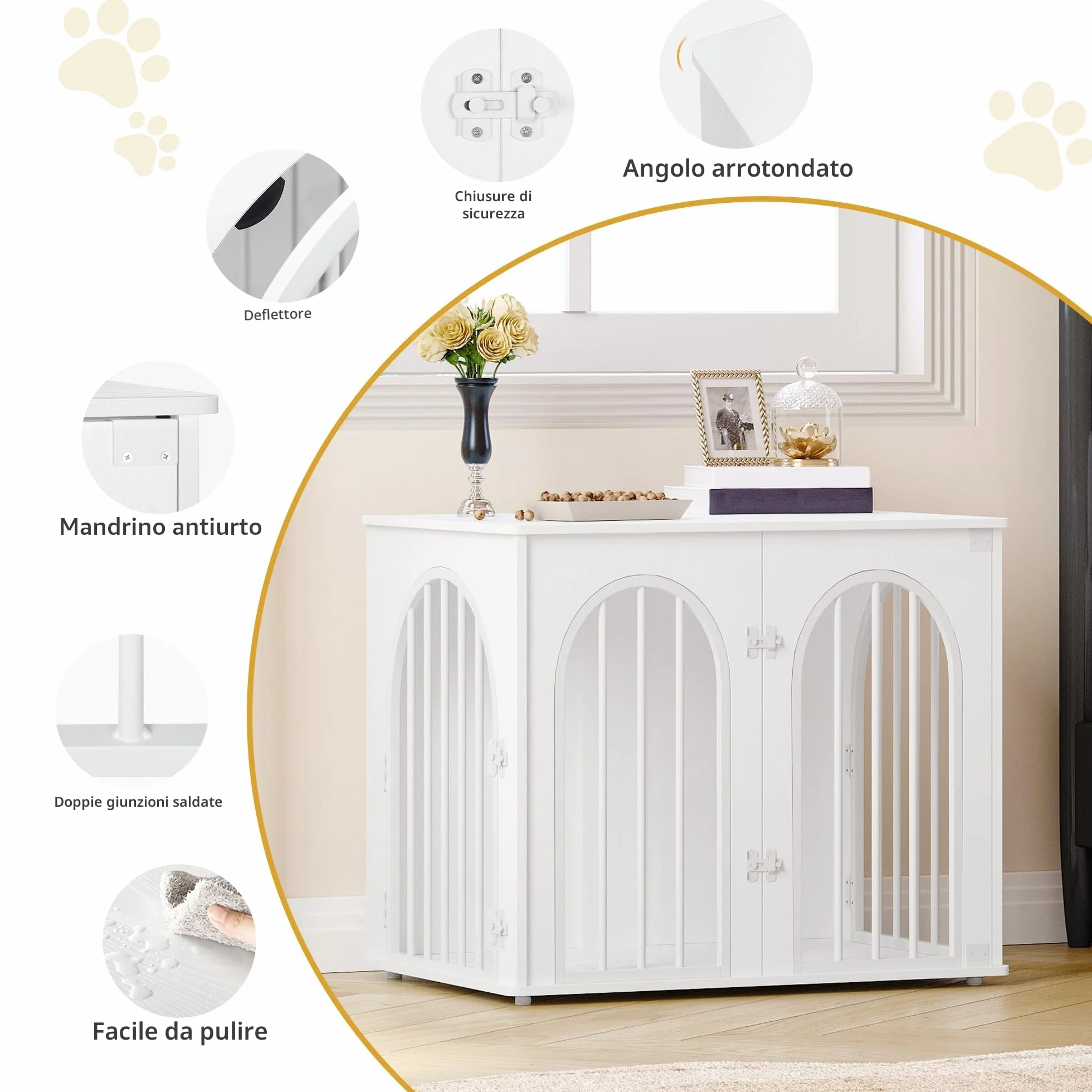 Hzuaneri 68 cm Gabbia per Cani, Tavolo Supplemento, Cuccia Moderna per Cani Interno, Gabbia per Cuccioli, Casetta per Animali, 3 porte, Porta ad arco, 49 x 68 x 56 cm, Bianco DFC85513W