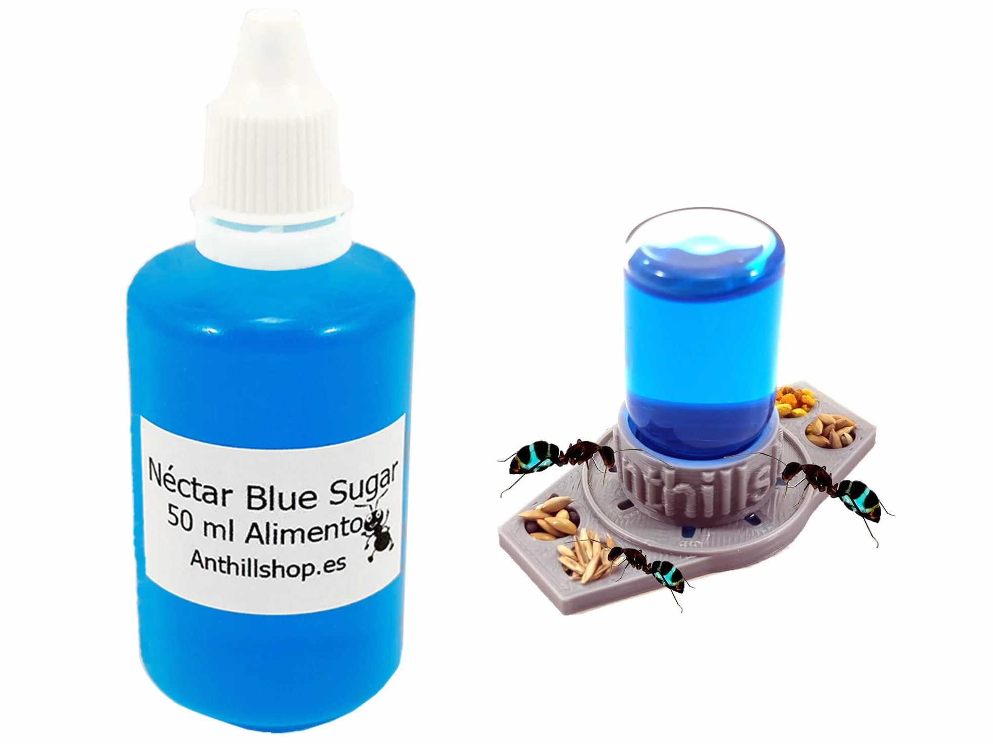 Cibo per formiche, Nettare Blue Sugar 50 ml più un abbeveratoio 3D con 4 gocce, Irresistibile │Non può mancare nei tuoi formicai - Alimento essenziale per le tue formiche
