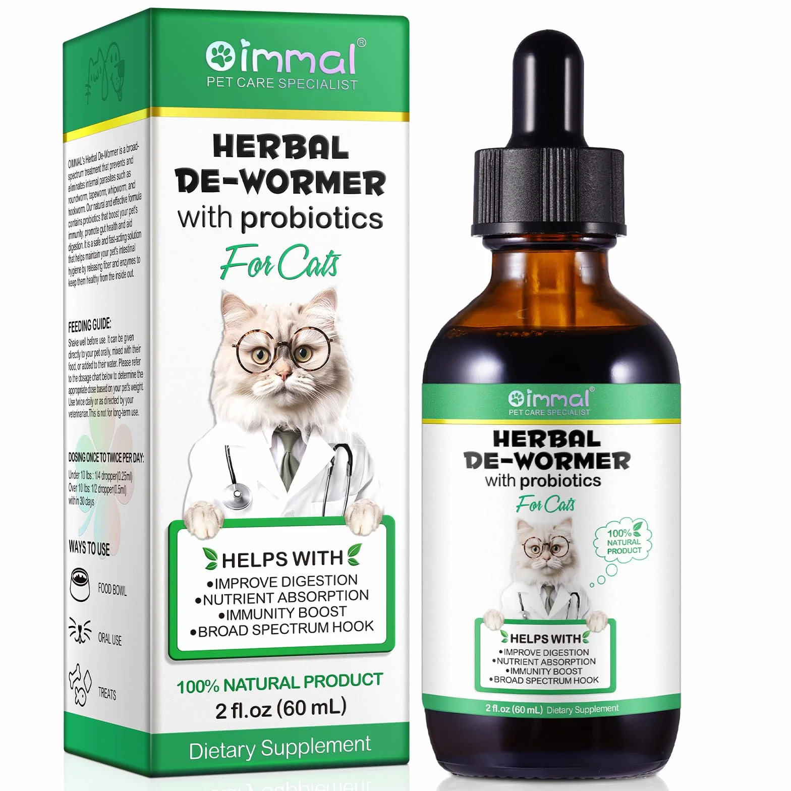 Trattamento per vermi per gatti – 60 ml gocce per vermi di gatto – Vermi di erbe con Probitici – Migliorare la digestione, la spinta immunitaria – Antiparassiti – Vermi a banda larga – Sicuro