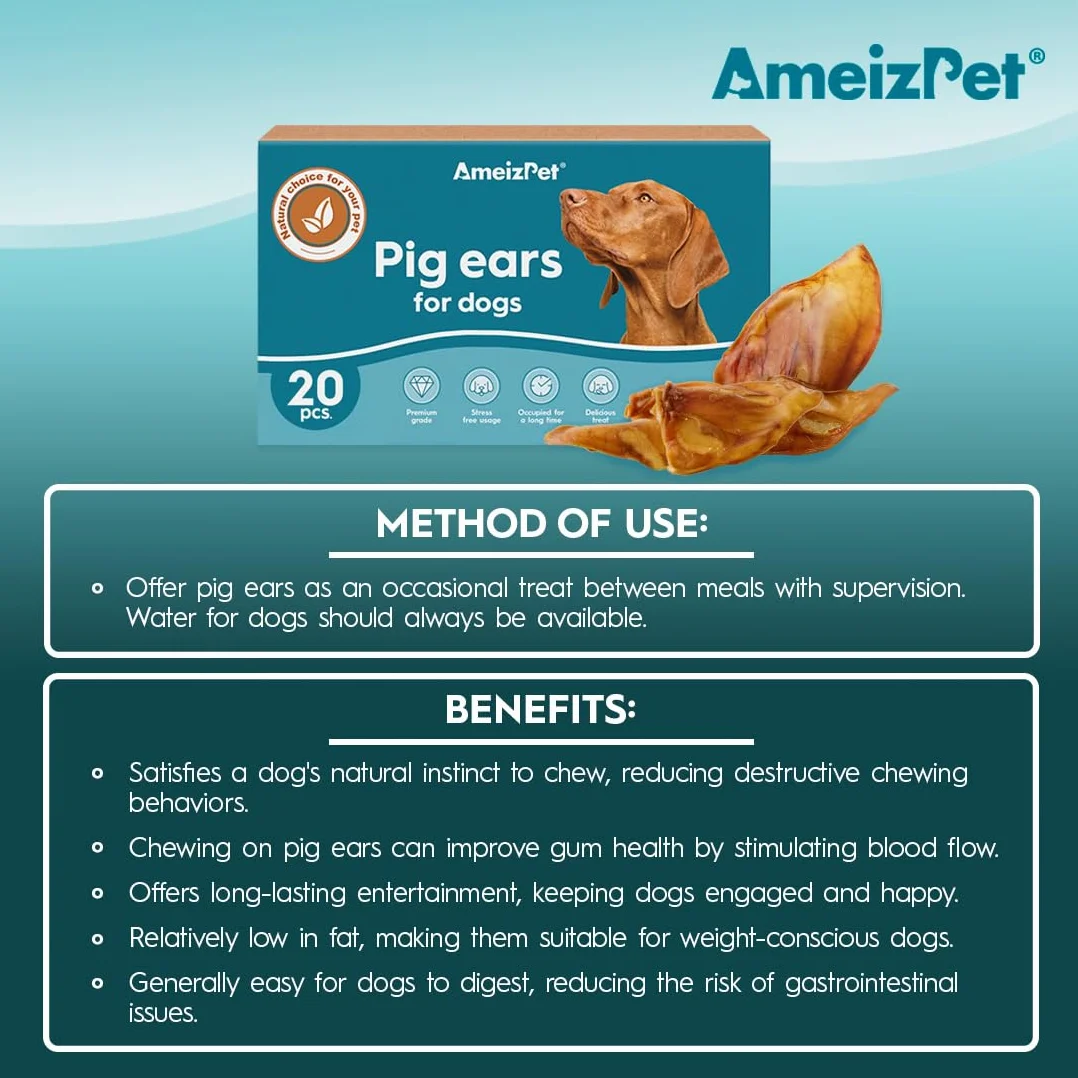 AmeizPet Orecchie Di Maiale Essiccate Per Cani, Masticativi Naturali Per Cani, Lunga Durata Croccanti Orecchie di Maiale, Dolcetto Per Cani 20 Pezzi